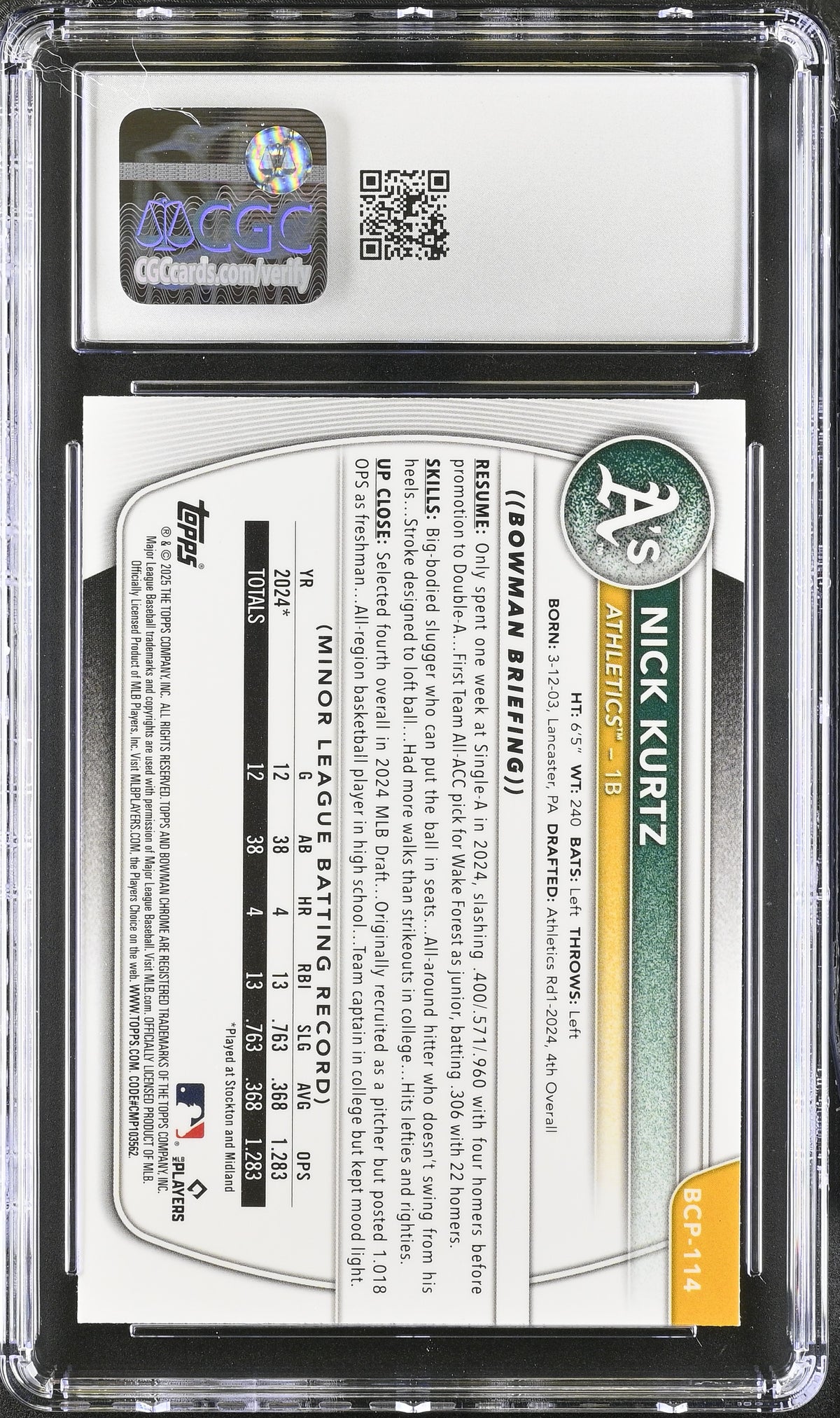 2025 Bowman Mega Box Nick Kurtz Green /99 Rookie #BCP-114 CGC 10 Athletics