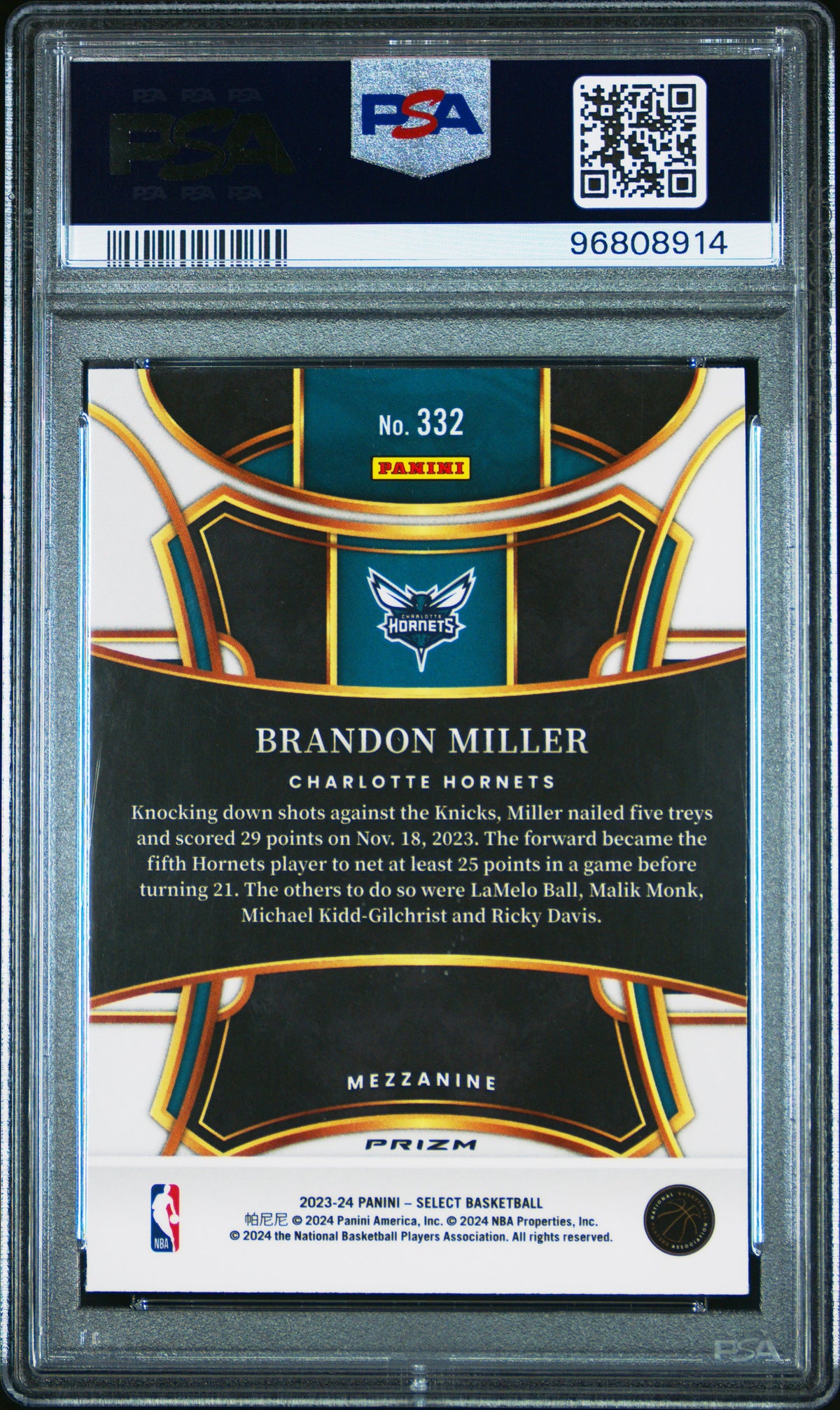 2023 Panini Select Brandon Miller #332 Green Shock PSA 9