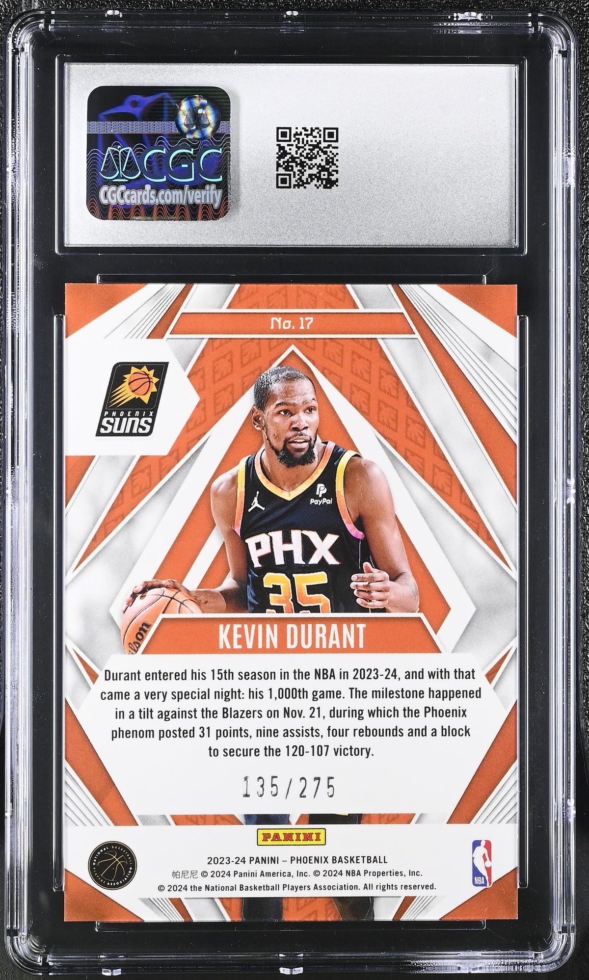 2023-24 Panini Phoenix Kevin Durant Maroon Ice /275 Paragon #17 CGC 10 Suns