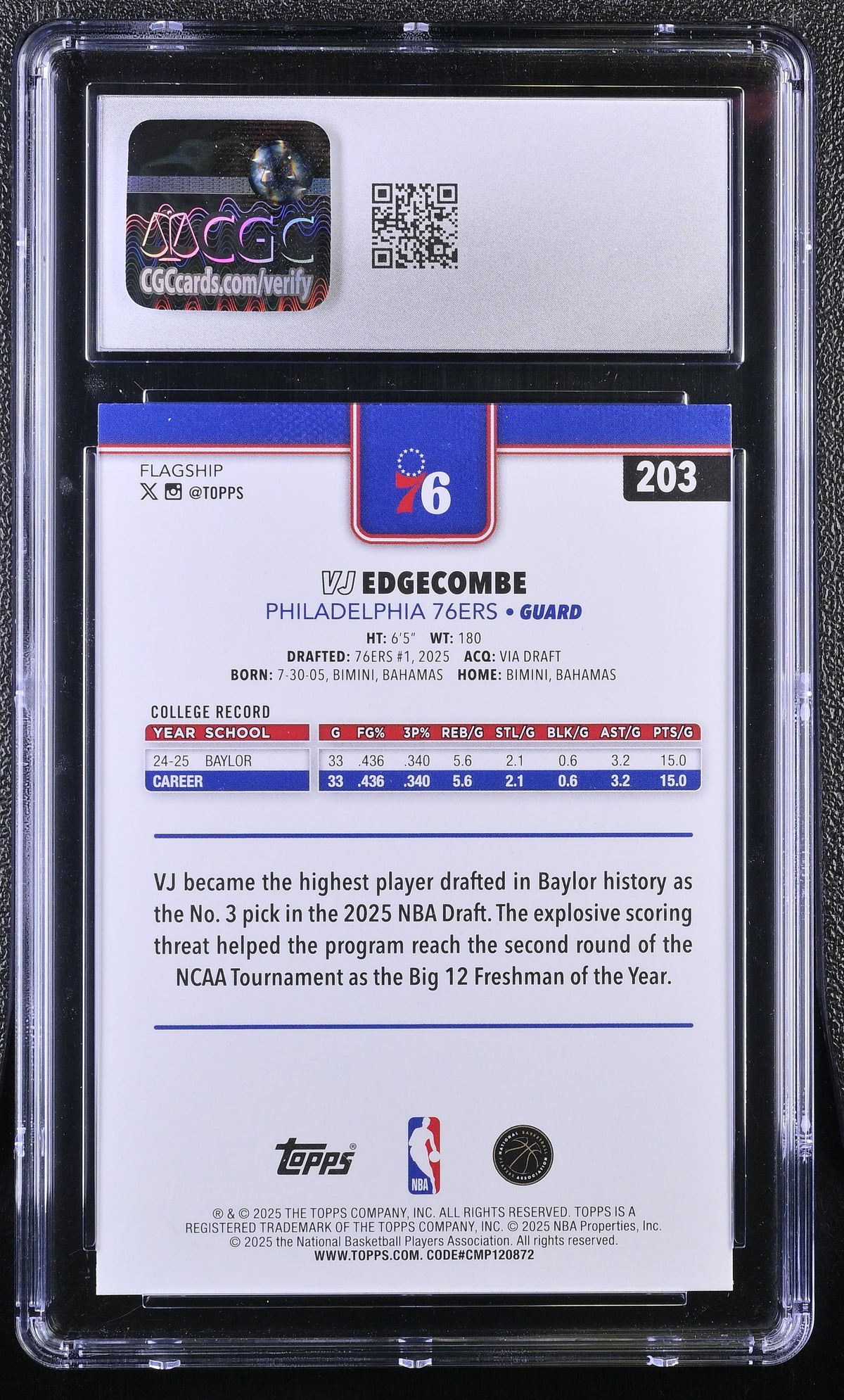 2025-26 Topps VJ Edgecombe Rookie #203 CGC 9.5 Philadelphia 76ers