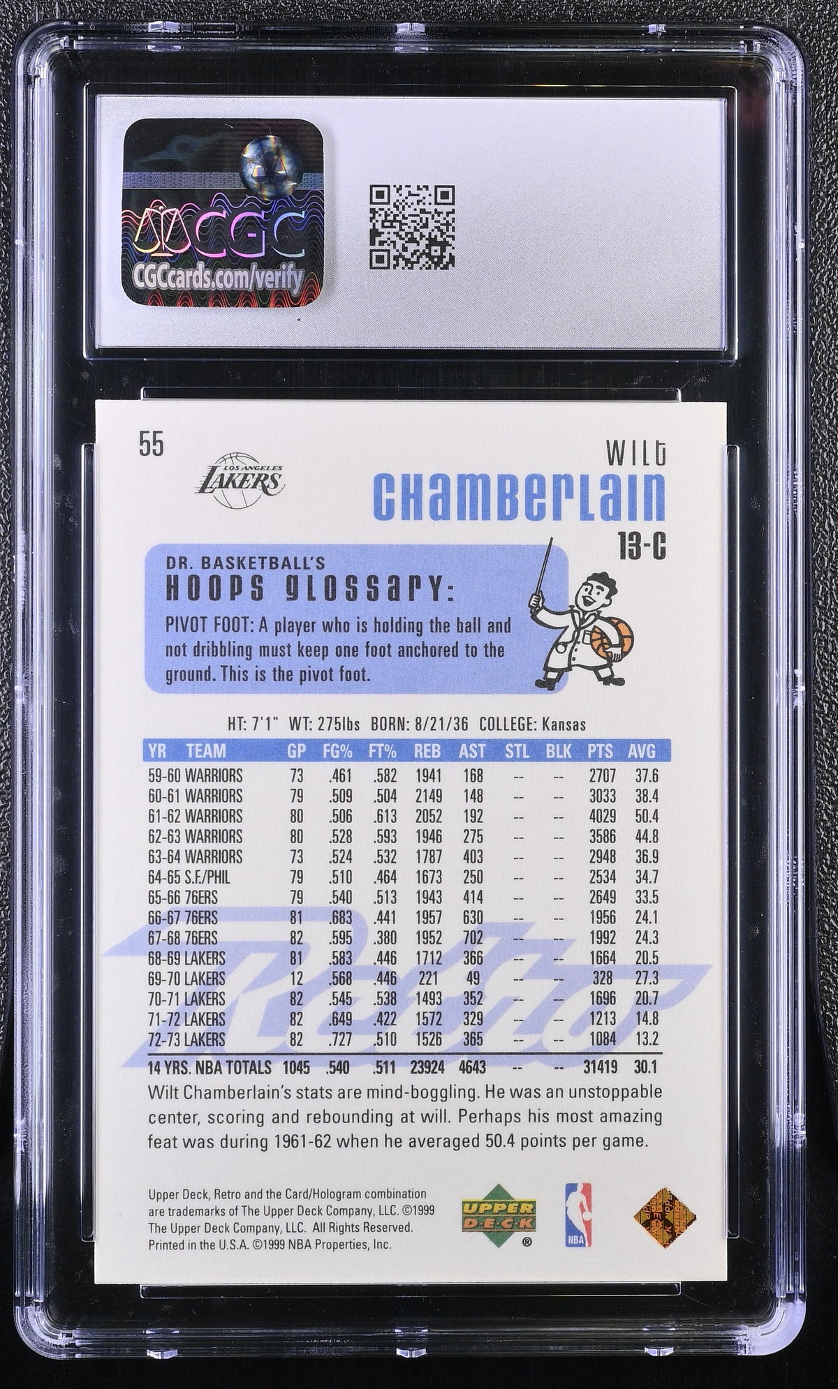 1999-00 Upper Deck Retro Wilt Chamberlain #55 CGC 9.5 Los Angeles Lakers