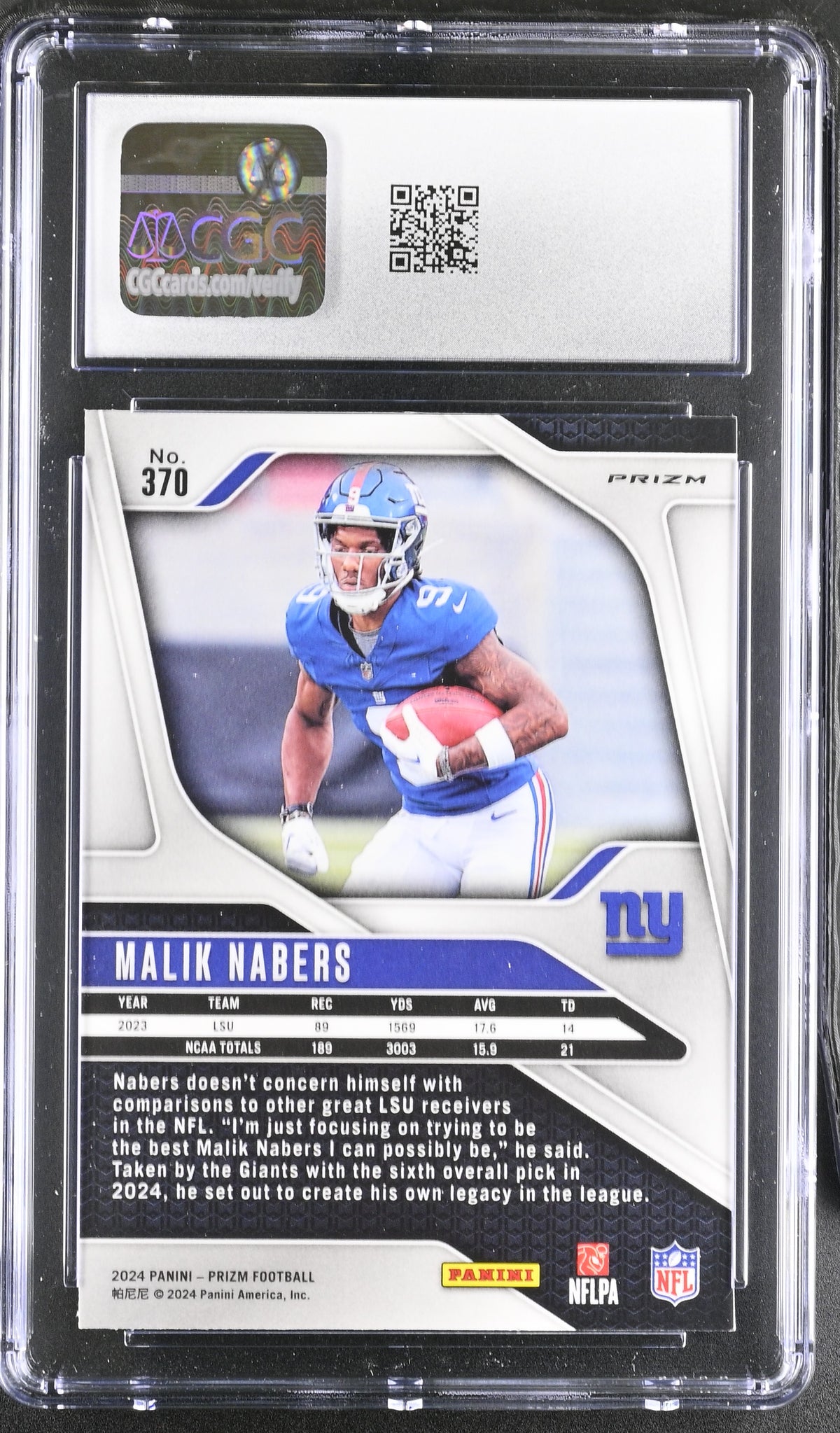 2024 Panini Prizm Malik Nabers Green Wave Rookie #370 CGC 10 New York Giants