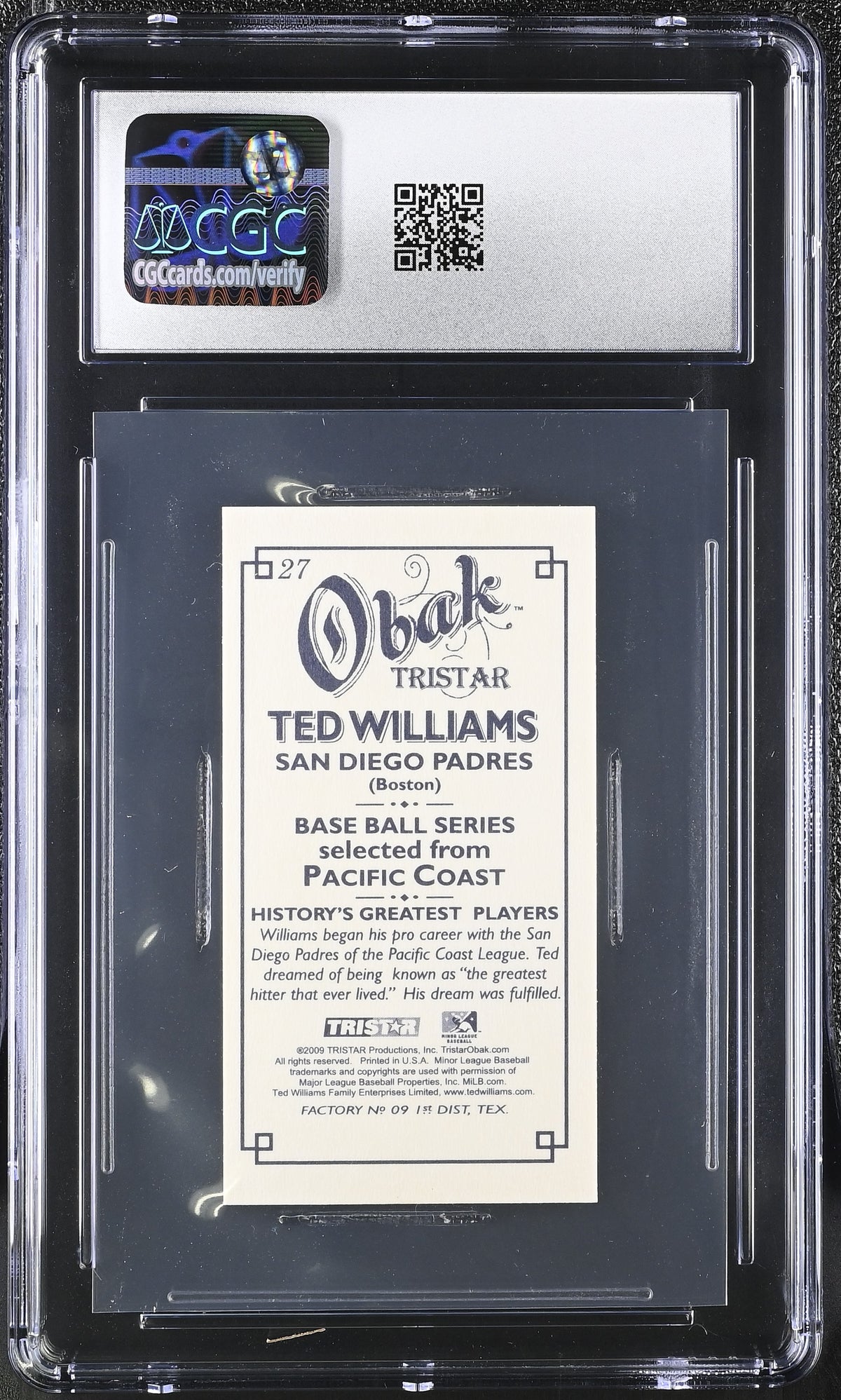 2009 Tristar Obak Ted Williams Mini T212 #27 CGC 9.5 San Diego Padres