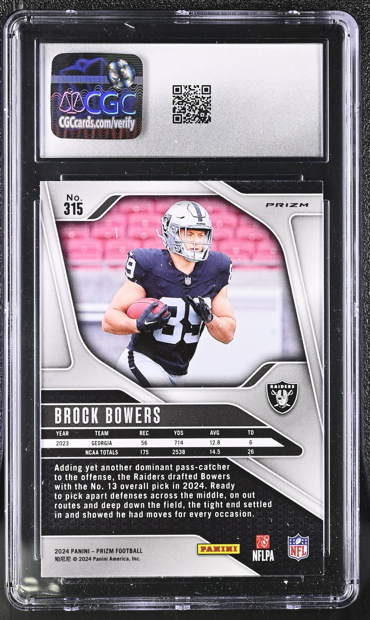 2024 Panini Prizm Brock Bowers Green Wave Rookie #315 CGC 9 Las Vegas Raiders