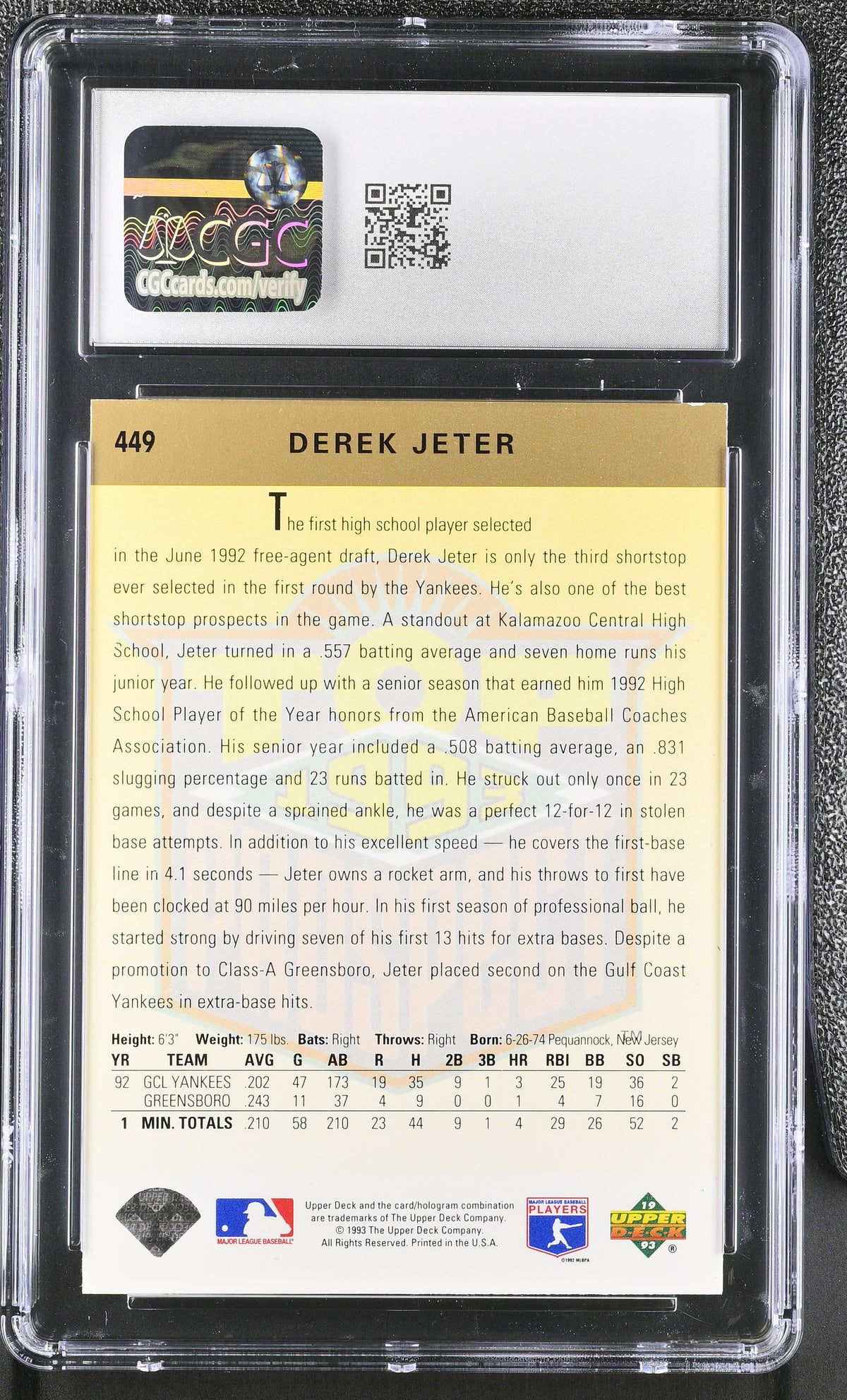 1993 Upper Deck Derek Jeter Rookie #449 CGC 8 New York Yankees