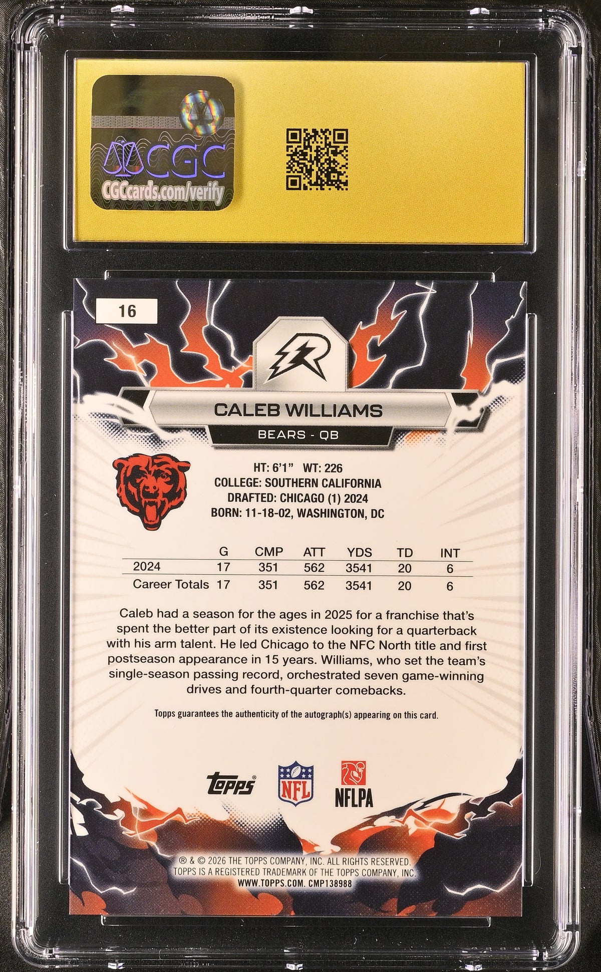 2025 Topps Resurgence Caleb Williams #16 Gold Power Surge /50 Auto CGC 10