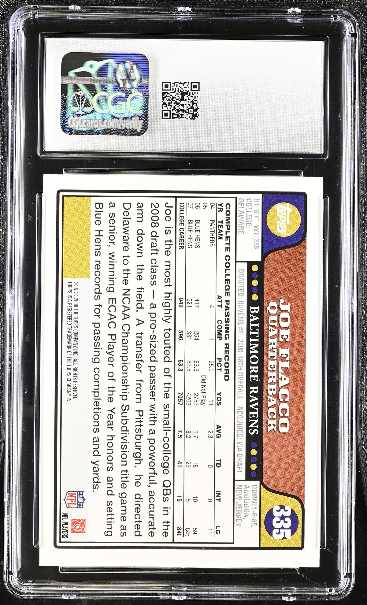 2008 Topps Joe Flacco Rookie #335 CGC 10 Baltimore Ravens