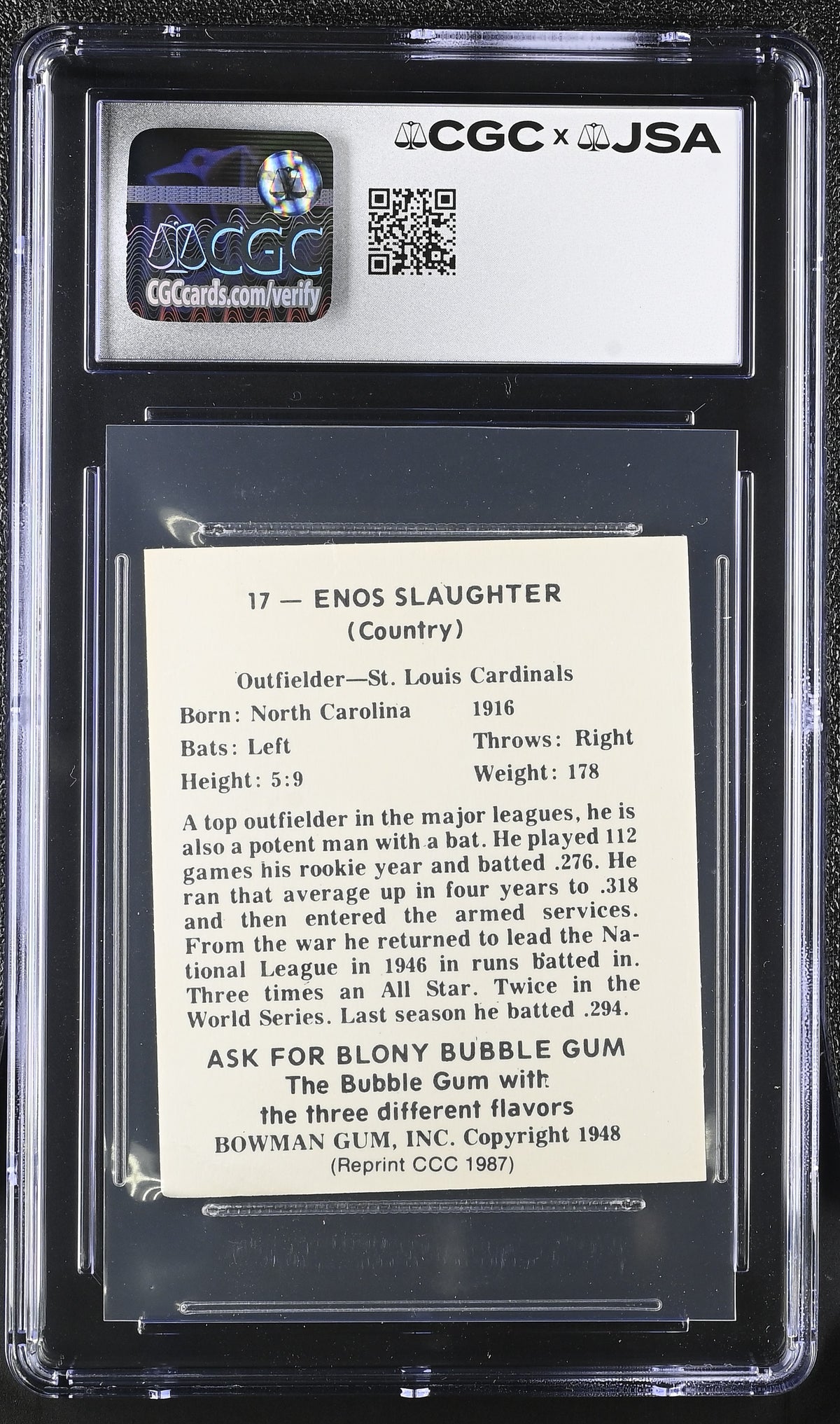 1987 C.C.C. Enos Slaughter Auto '48 Bowman Reprints #17 CGC Authentic Cardinals