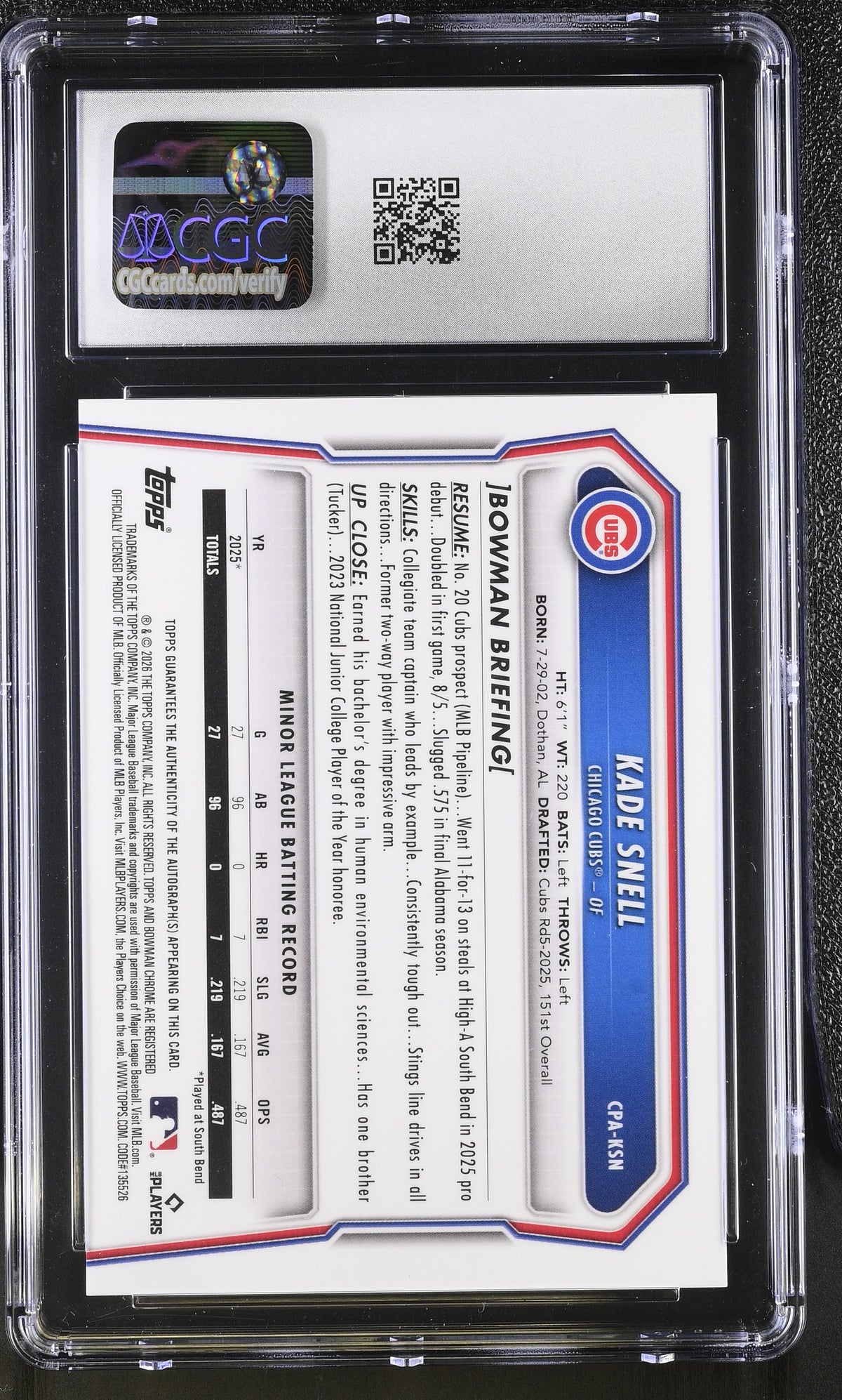 2026 Bowman Kade Snell Rookie Chrome Prospect Autographs #CPA-KSN CGC 10 Cubs
