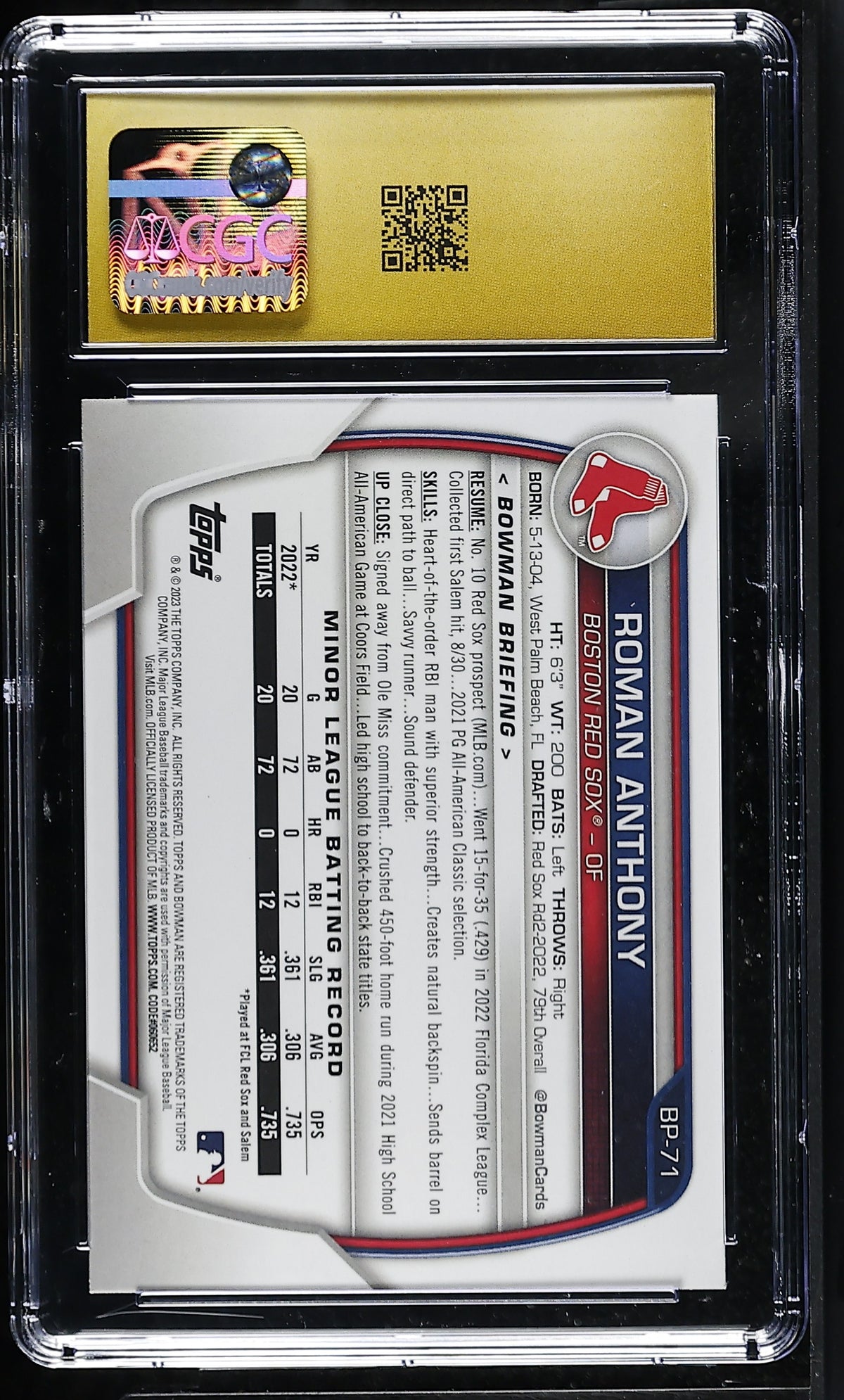 2023 Bowman Roman Anthony Prospects #BP-71 CGC 10 Pristine Red Sox