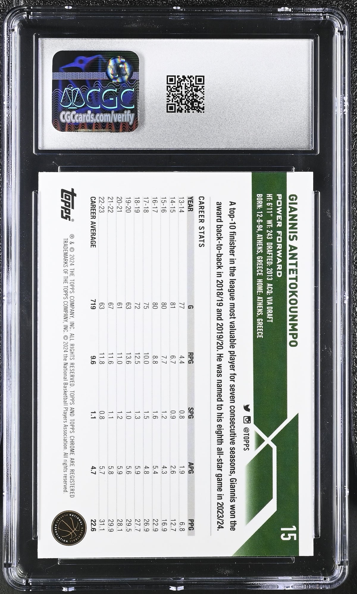 2023-24 Topps Chrome Giannis Antetokounmpo Green Refractor #15 CGC 10 Bucks