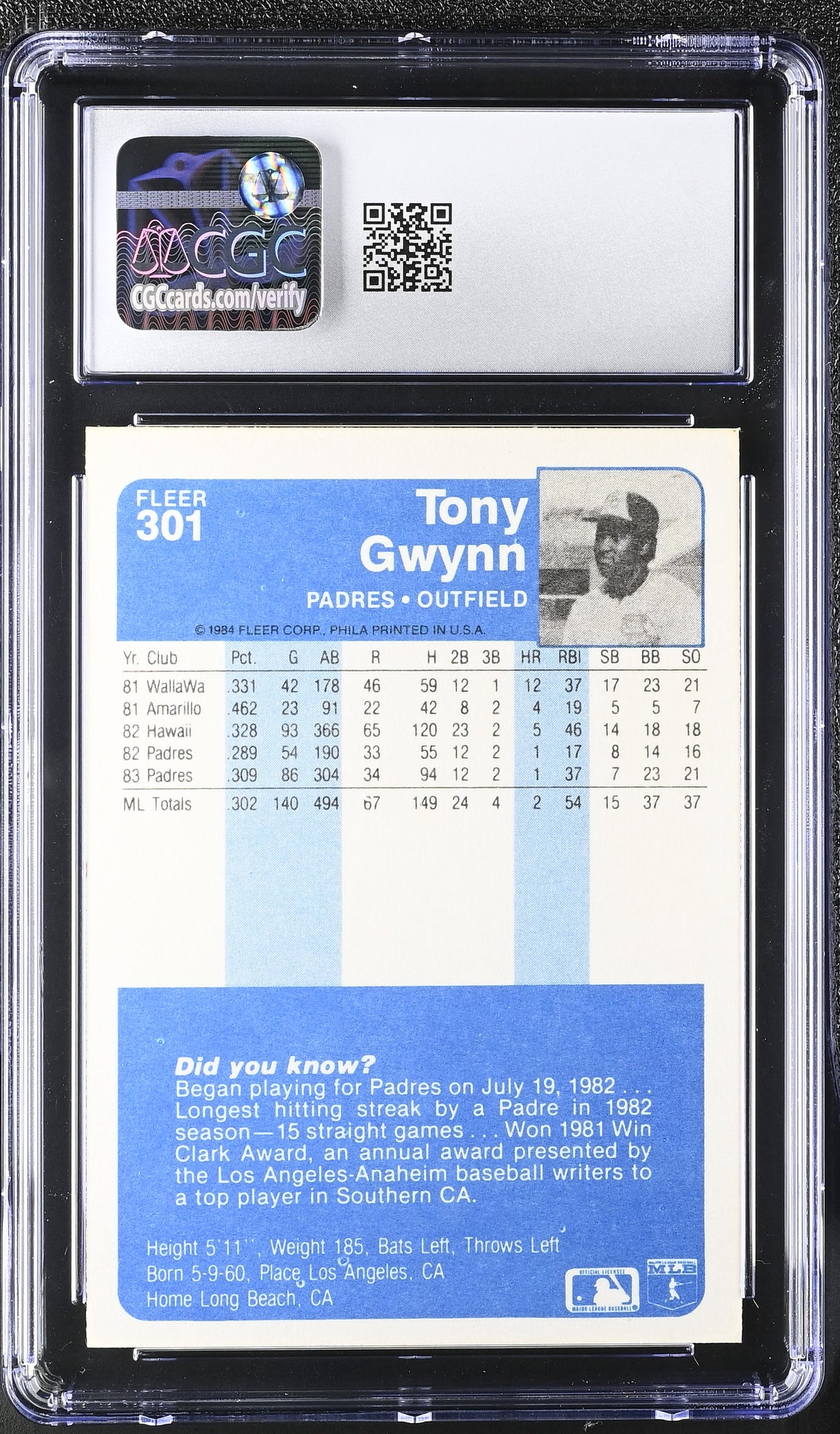 1984 Fleer Tony Gwynn #301 CGC 9 San Diego Padres