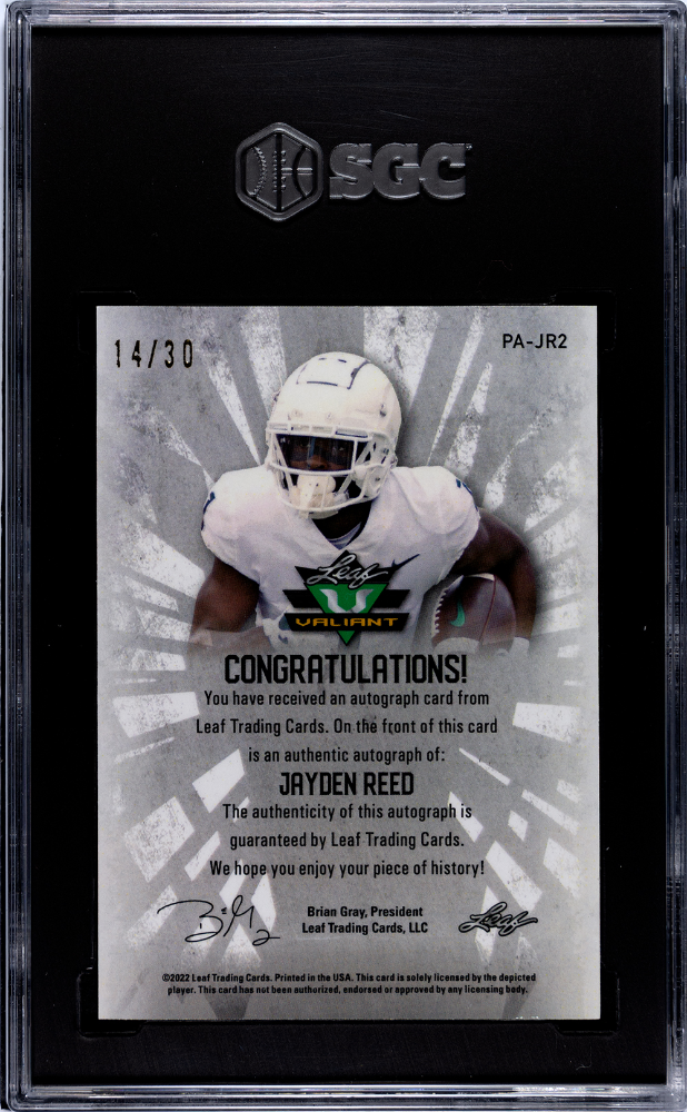 2022 Leaf Valiant Jayden Reed Portrait Auto Green /30 Rookie #PA-JR2 SGC 10