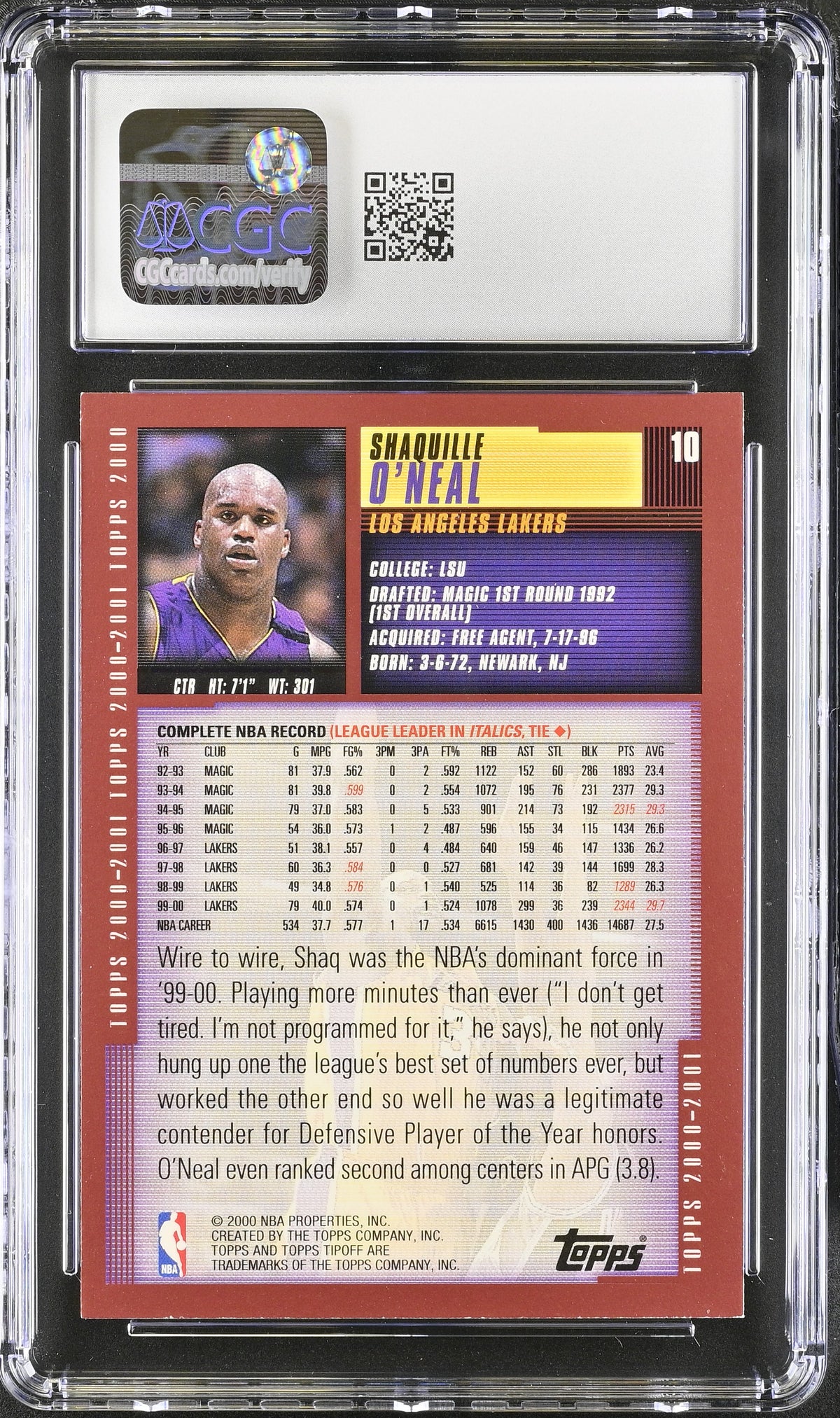 2000-01 Topps Tipoff Shaquille O'Neal #10 CGC 9 Los Angeles Lakers