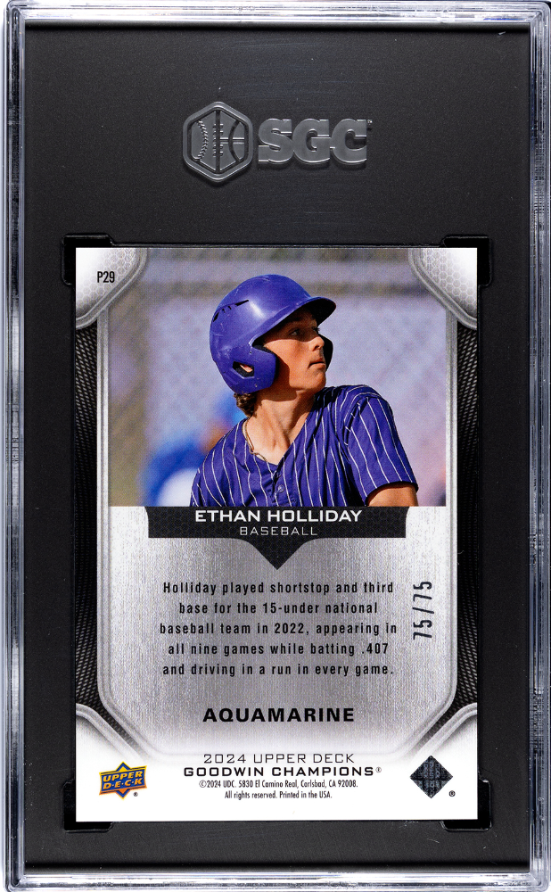 2024 Goodwin Champions Ethan Holliday Aquamarine /75 Rookie #P29 SGC 10 Rockies