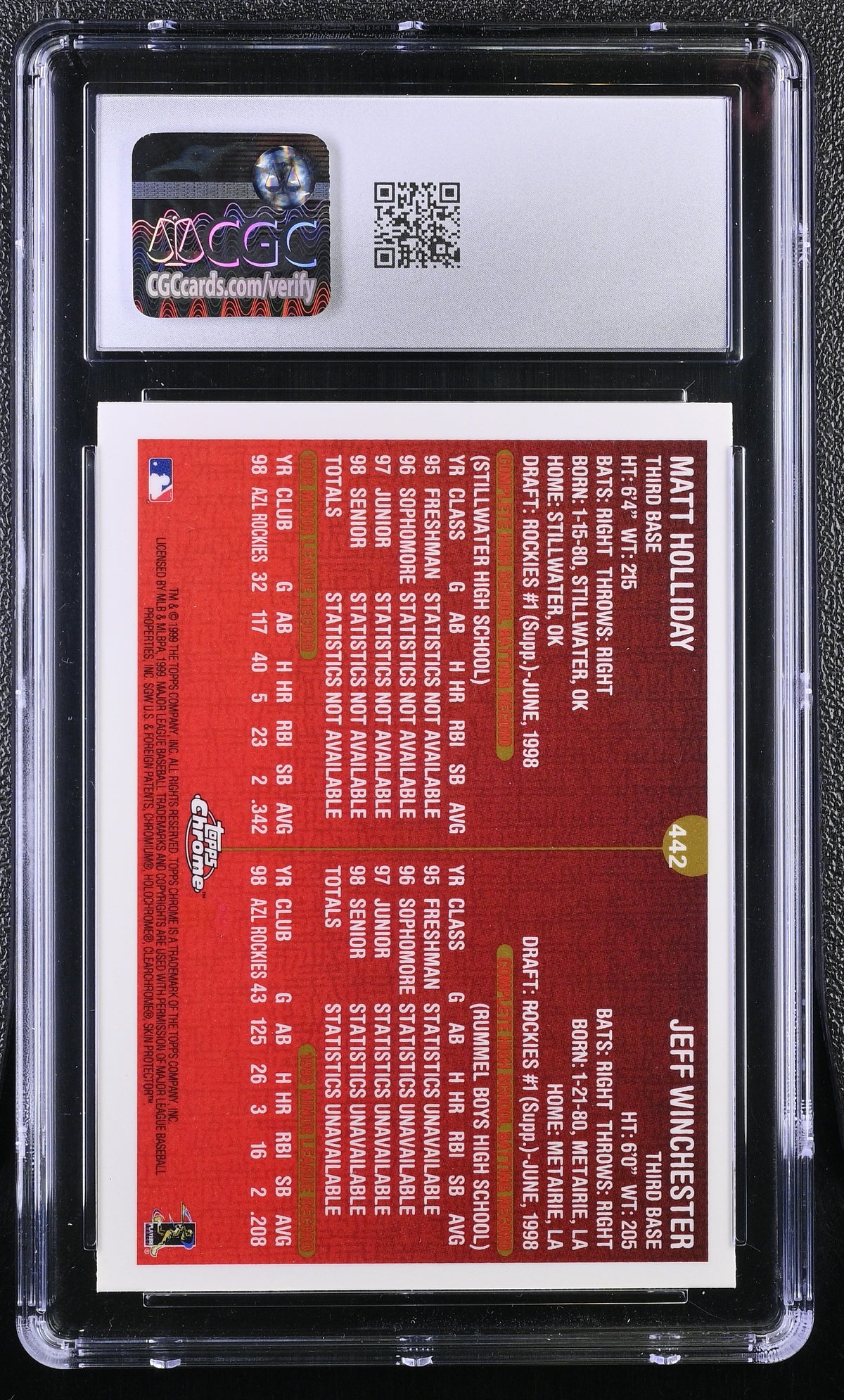 1999 Topps Chrome Matt Holliday/Jeff Winchester Rookie #442 CGC 9.5 Rockies