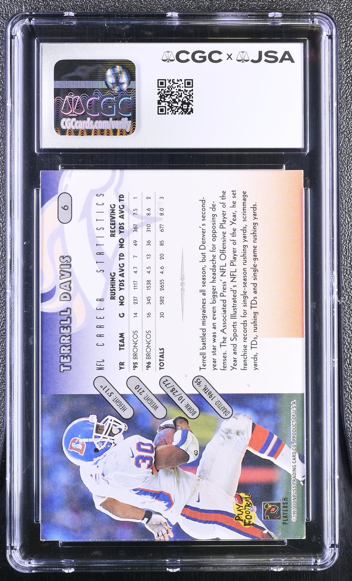 1997 Donruss Terrell Davis Auto Autograph #6 CGC Authentic JSA Denver Broncos