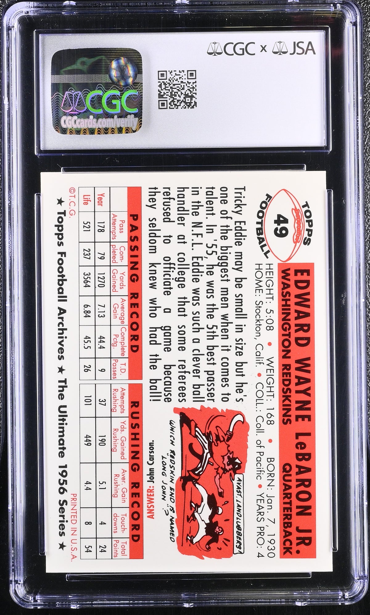 1994 Topps Archives '56 Eddie LeBaron Auto Autograph #49 CGC 8.5 JSA Redskins