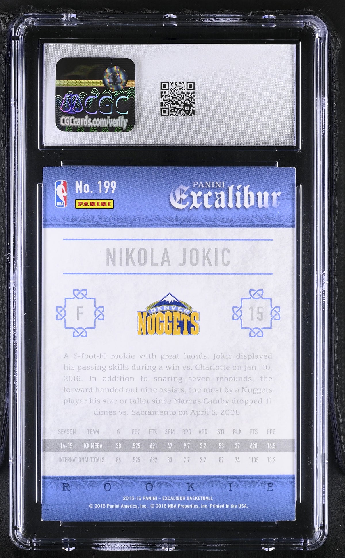 2015-16 Panini Excalibur Nikola Jokic Rookie #199 CGC 9 Denver Nuggets
