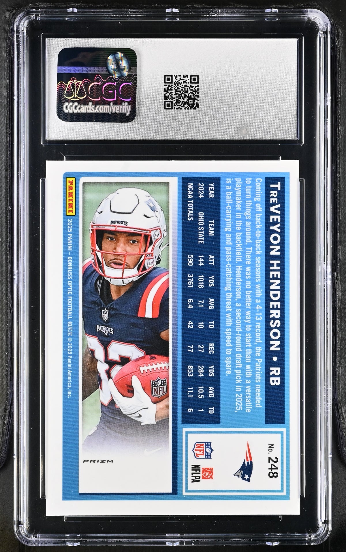 2025 Donruss Optic TreVeyon Henderson Purple Shock Rookie #248 CGC 9.5 Patriots