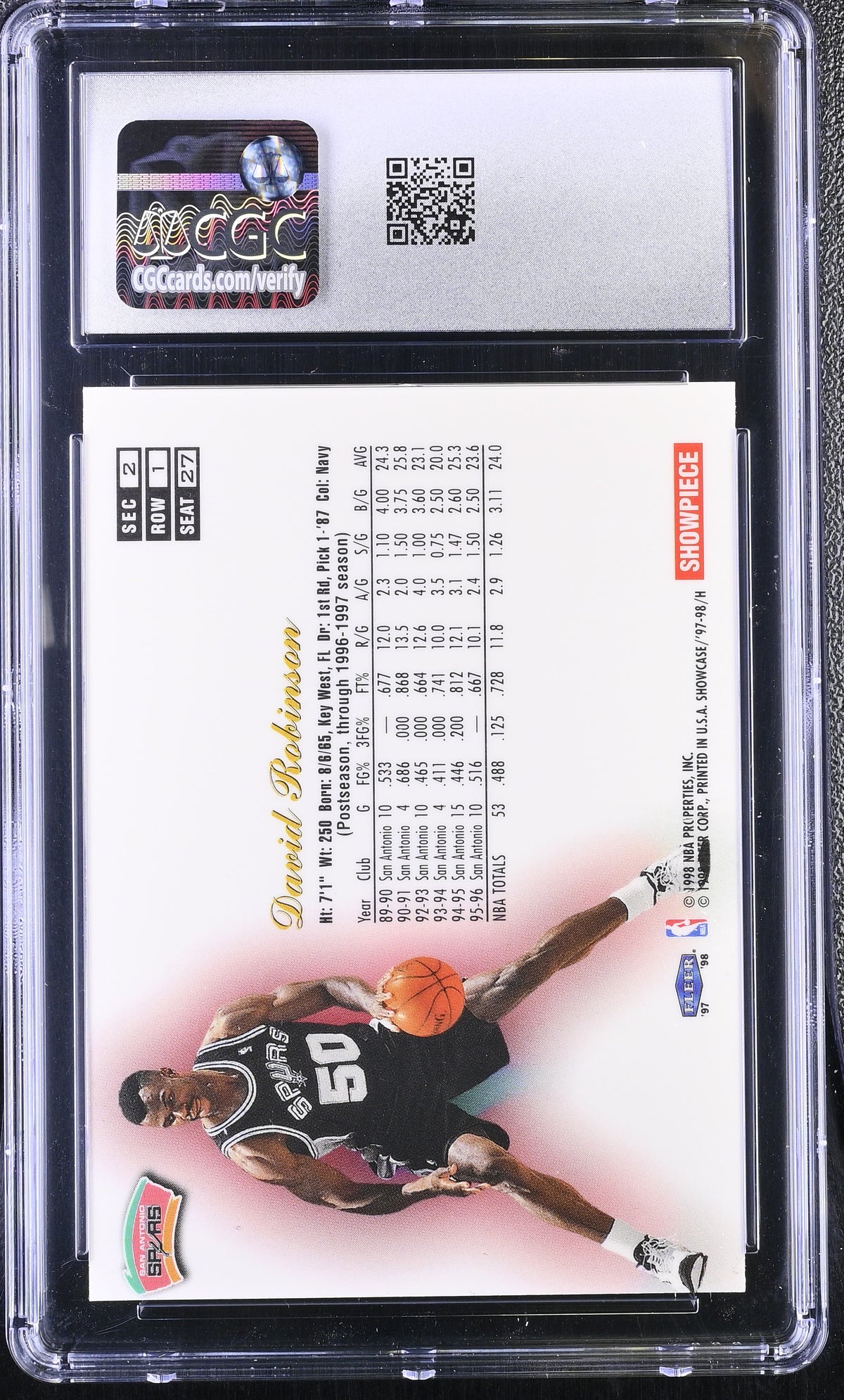 1997-98 Flair Showcase David Robinson Row 1 #27 CGC 8.5 San Antonio Spurs