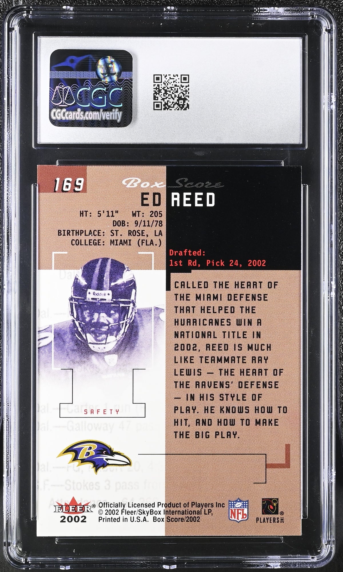 2002 Fleer Box Score Ed Reed Rookie #169 CGC 9.5 Baltimore Ravens