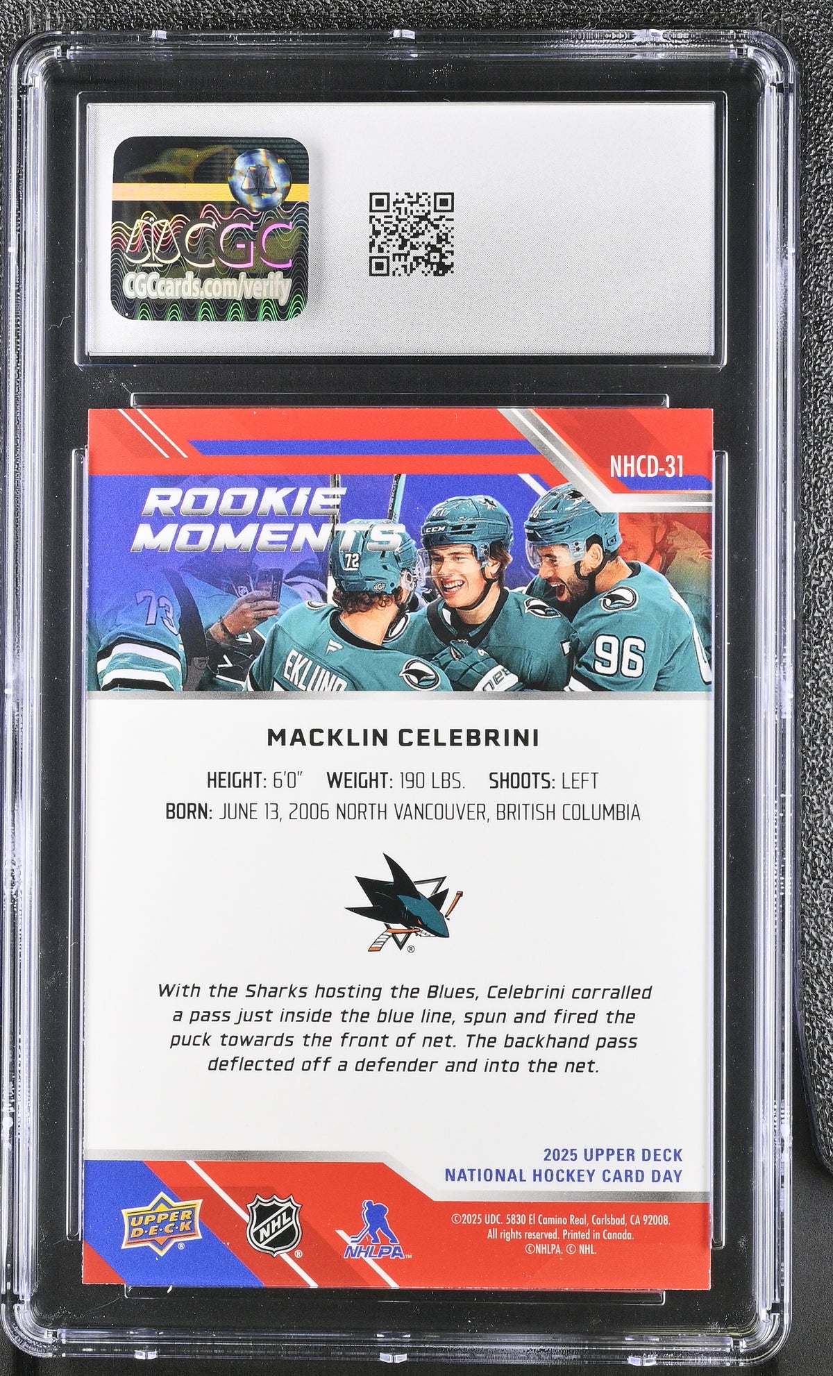 2025 UD Nat'l Hockey Card Day Macklin Celebrini Rookie #NHCD-31 CGC 10 Sharks