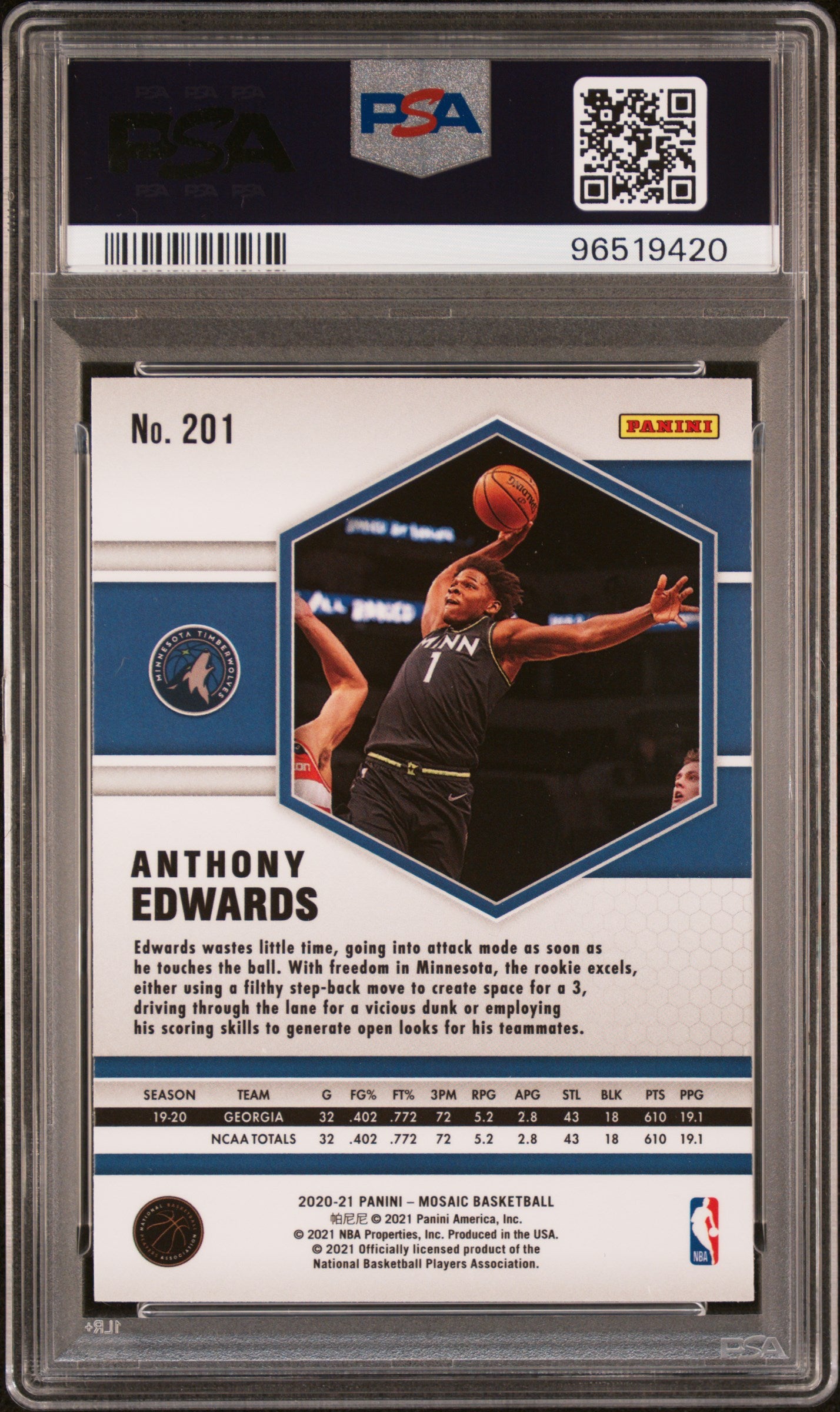 2020 Panini Mosaic Anthony Edwards #201 PSA 6