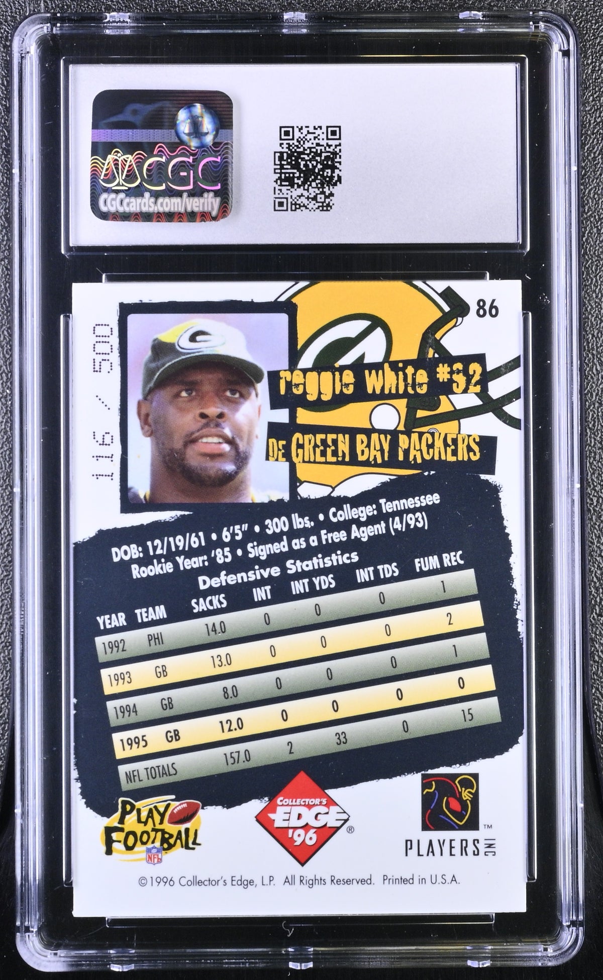 1996 Collector's Edge Reggie White Holofoil #86 CGC 9.5