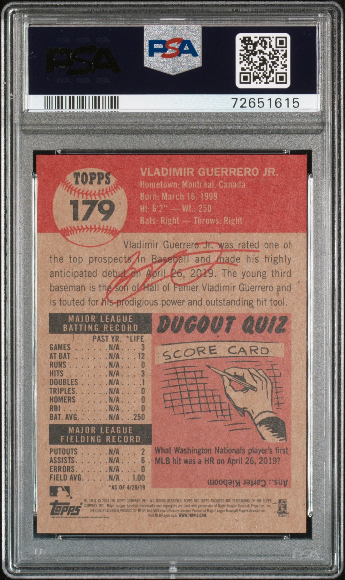 2019 Topps Living Vladimir Guerrero JR. Rookie #179 PSA 10 Toronto Blue Jays