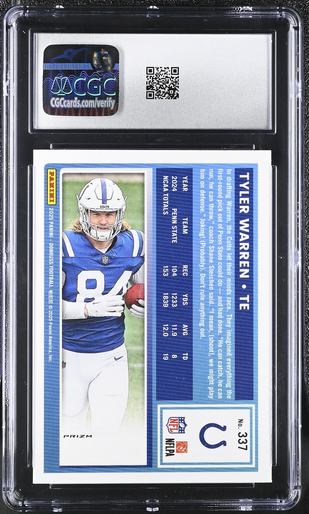 2025 Donruss Tyler Warren Pink Rookie Optic Preview #337 CGC 9.5 Colts