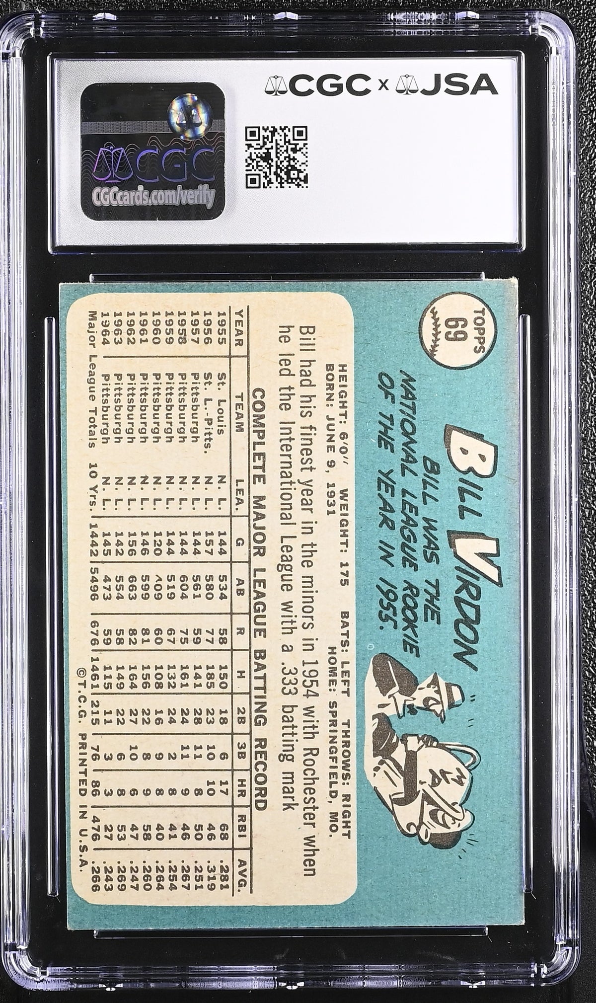 1965 Topps Bill Virdon Auto Autograph 69 CGC Authentic JSA Pittsburgh Pirates