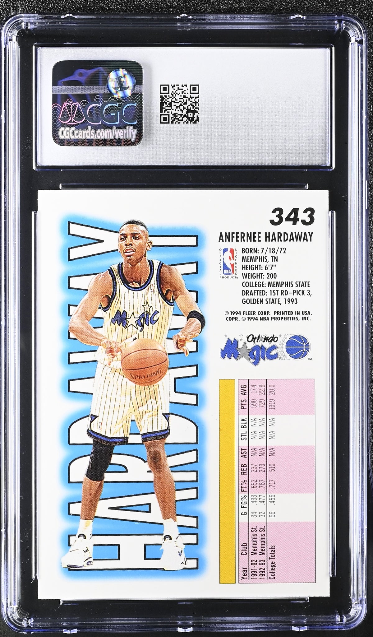 1993-94 Fleer Anfernee Hardaway Rookie #343 CGC 9.5 Orlando Magic