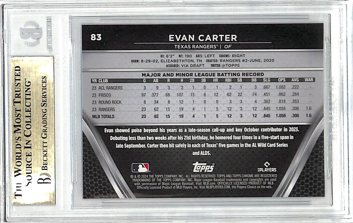 2024 Topps Chrome Black Evan Carter Red Refractor /5 Rookie #83 BGS 9.5 Rangers