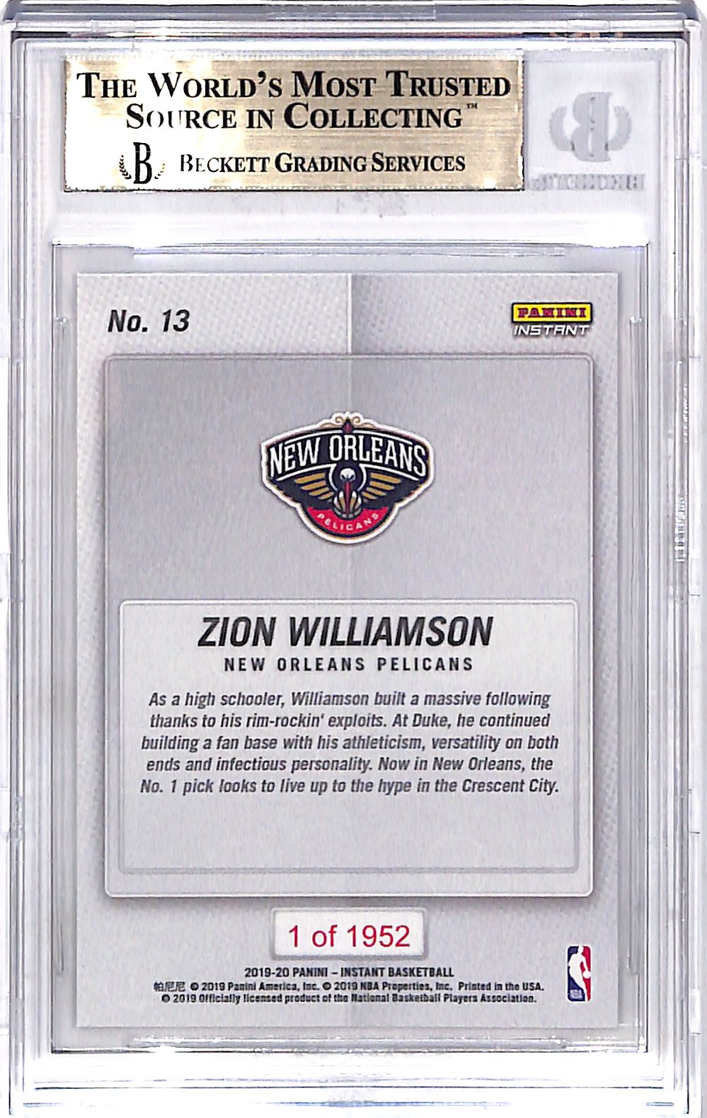 2019 Panini Instant Zion Williamson #13 /1952 BGS 9.5