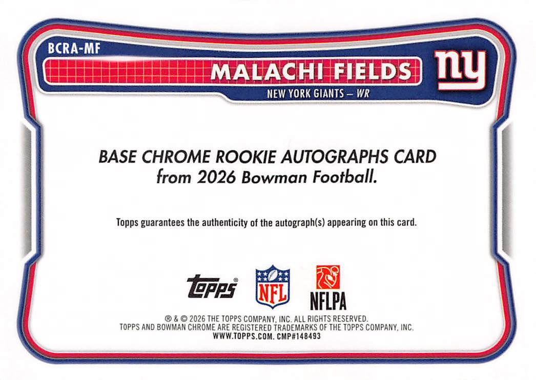 2026 Bowman Chrome Football Malachi Fields Autograph Rookie RC #BCRA-MF Giants