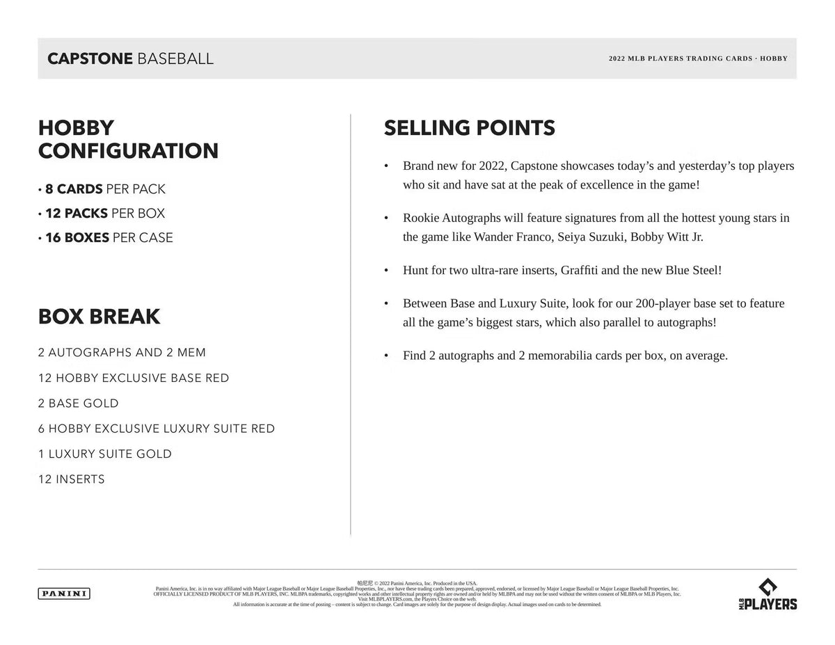 2022 Panini Capstone Baseball 1st Off The Line Hobby Box
