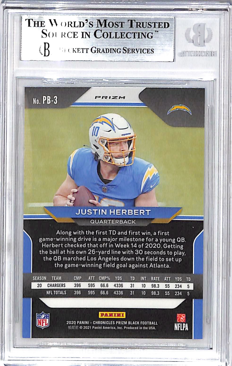 2020 Panini Chronicles Justin Herbert Prizm Black Silver Rookie 3 BGS 9 Chargers