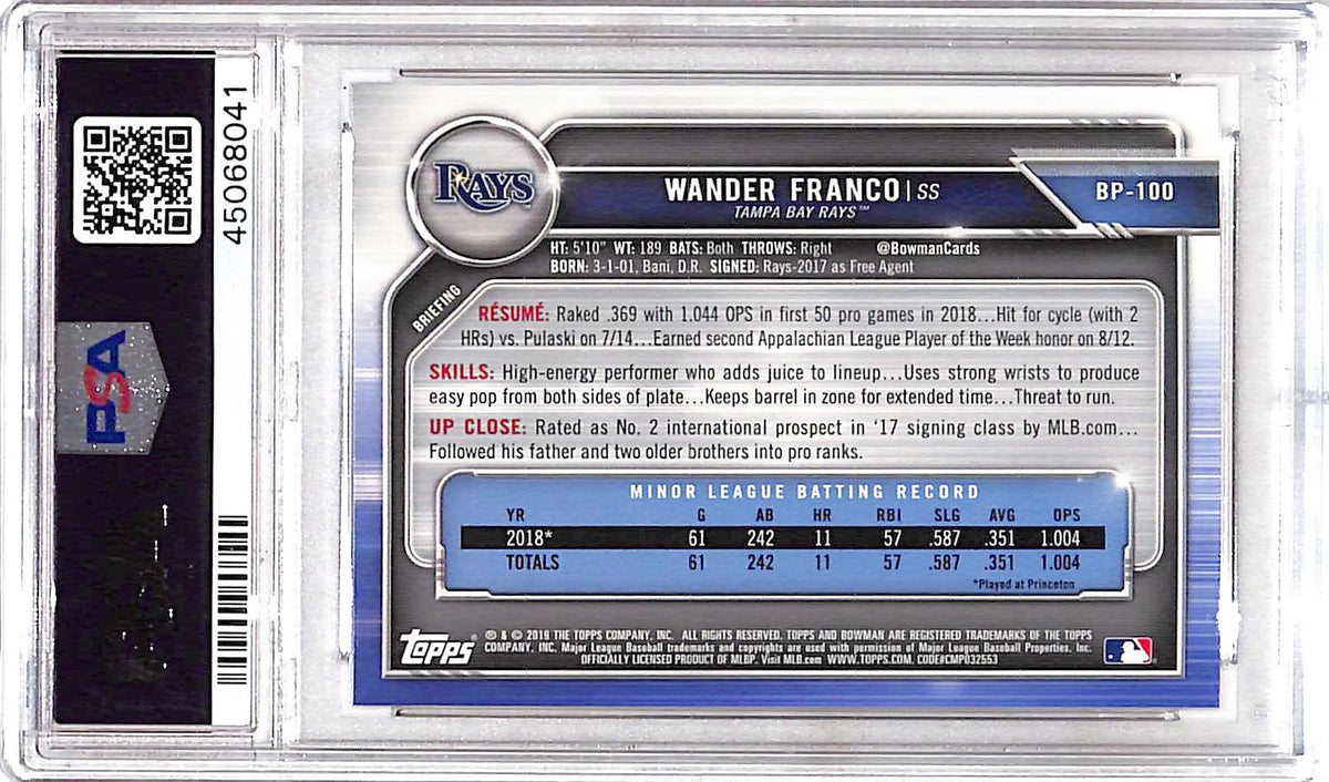 2019 Bowman Paper Prospects Wander Franco #BP100 PSA 10