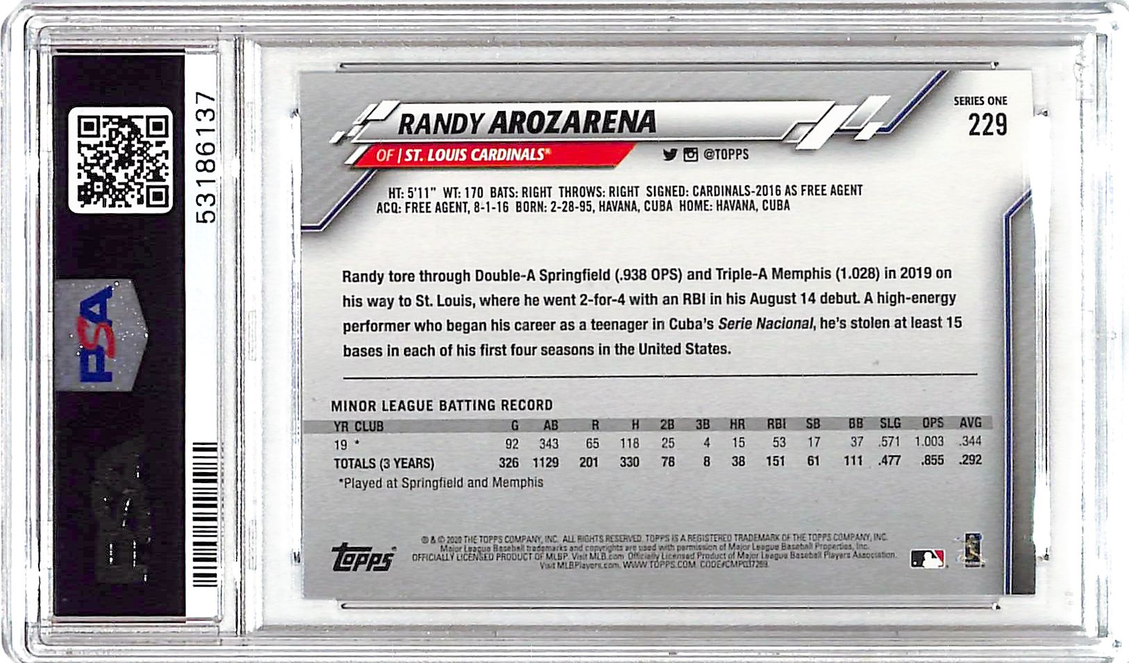 2020 Topps Randy Arozarena #229 PSA 10