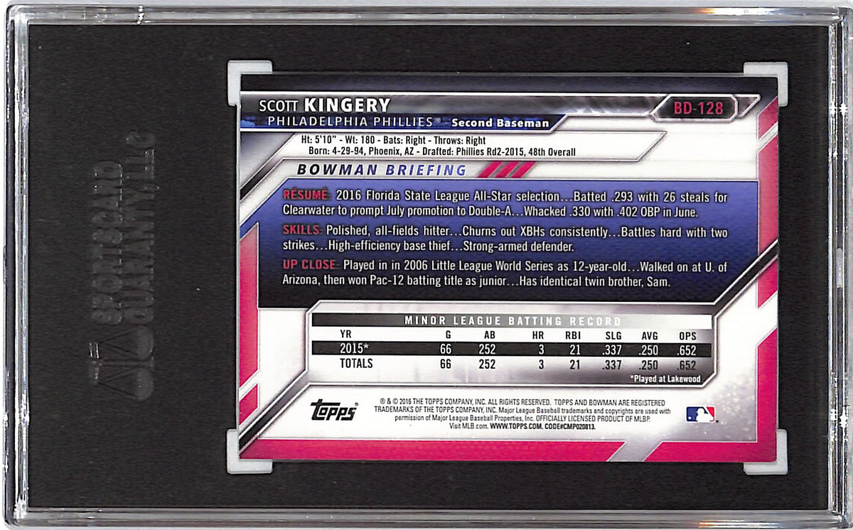 2016 Bowman Draft Scott Kingery Auto Rookie #BD-128 SGC Authentic Phillies