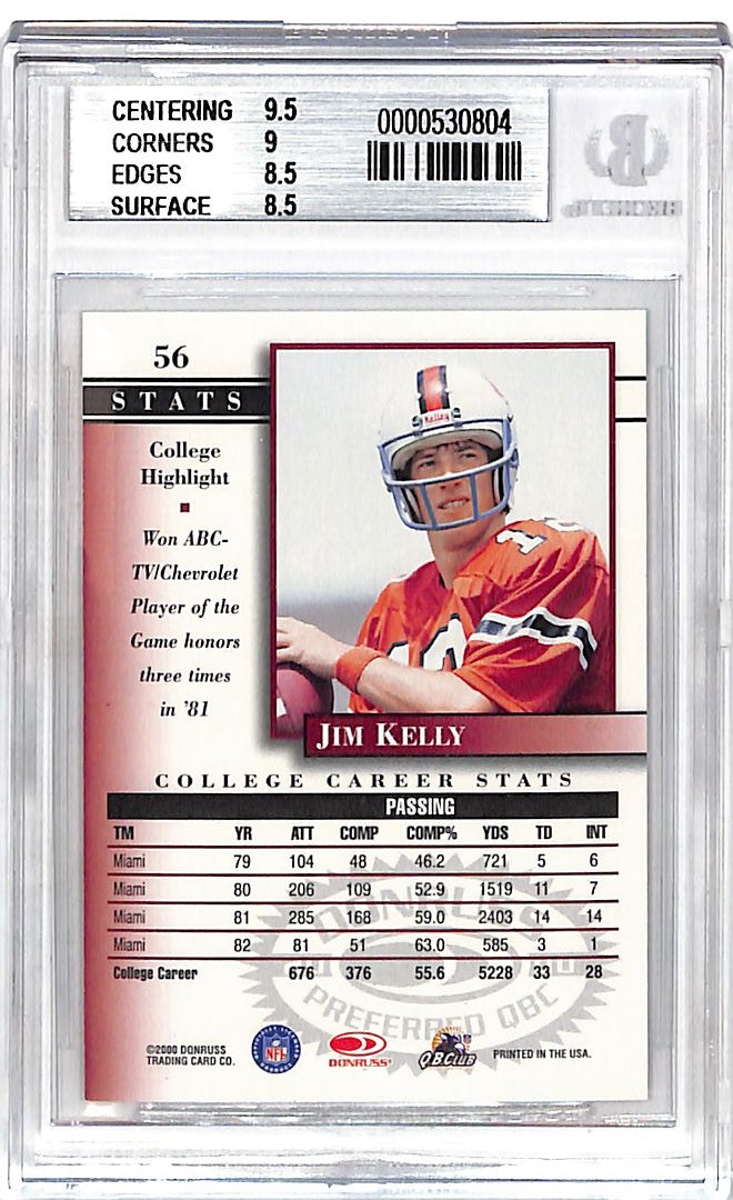 2000 Donruss Preferred QBC Jim Kelly Graded Series /1125 #56 BGS 8.5 Miami Hurricanes