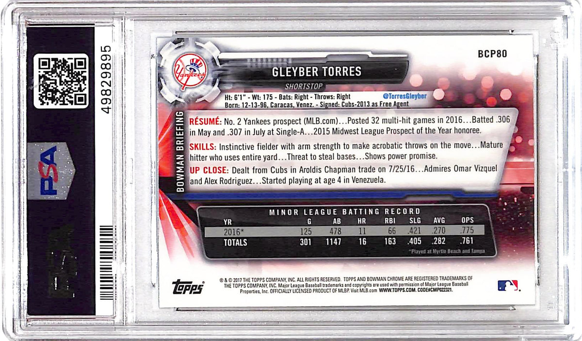2017 Bowman Prospects Gleyber Torres #BCP80 Chrome PSA 8
