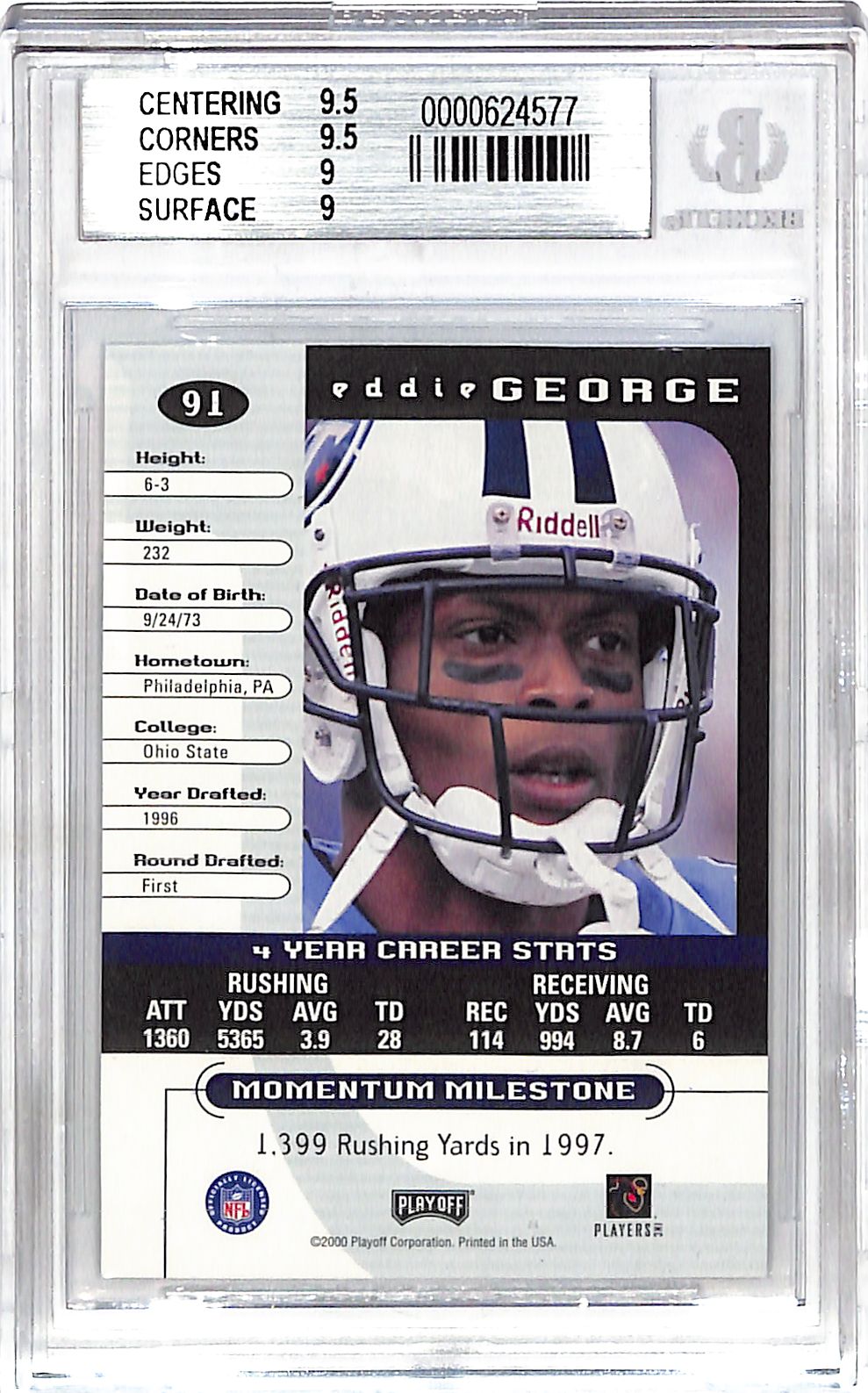 2000 Playoff Momentum Eddie George Graded Series /210 #91 BGS 9 Tennessee Titans