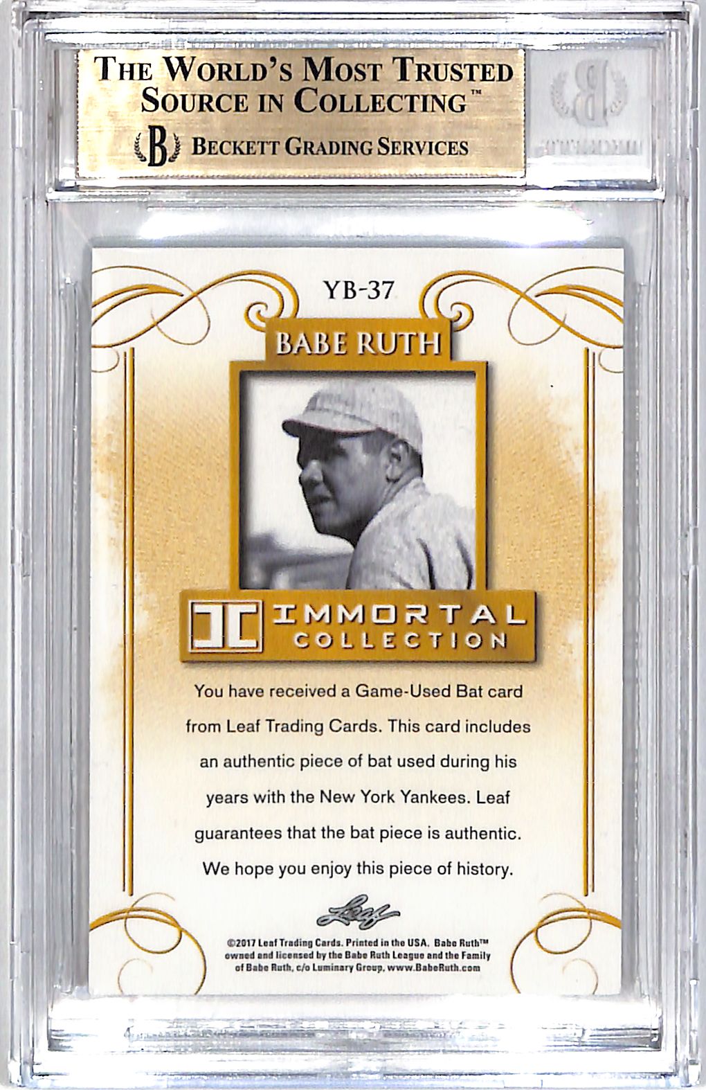 2017 Leaf Babe Ruth Immortal Collection New York Bat /20 YB-37 BGS 9.5 Yankees