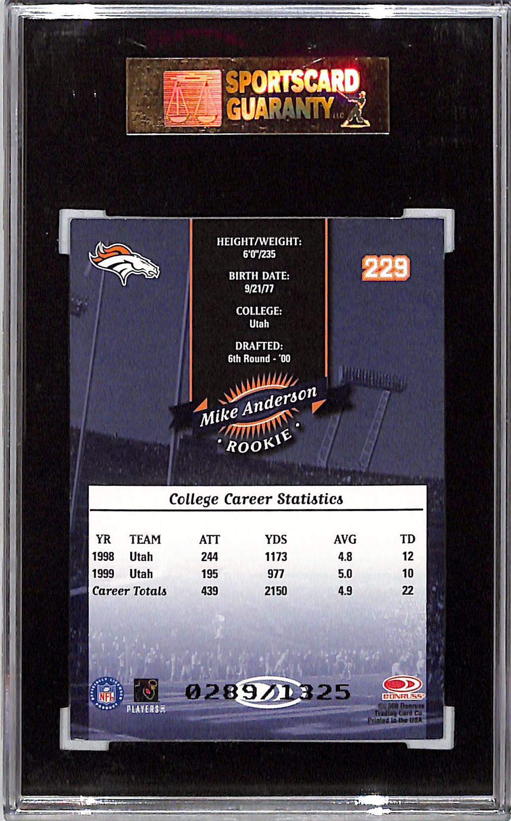 2000 Donruss Mike Anderson 289/1325 Rookie #229 SGC 8.5 Chicago Bears