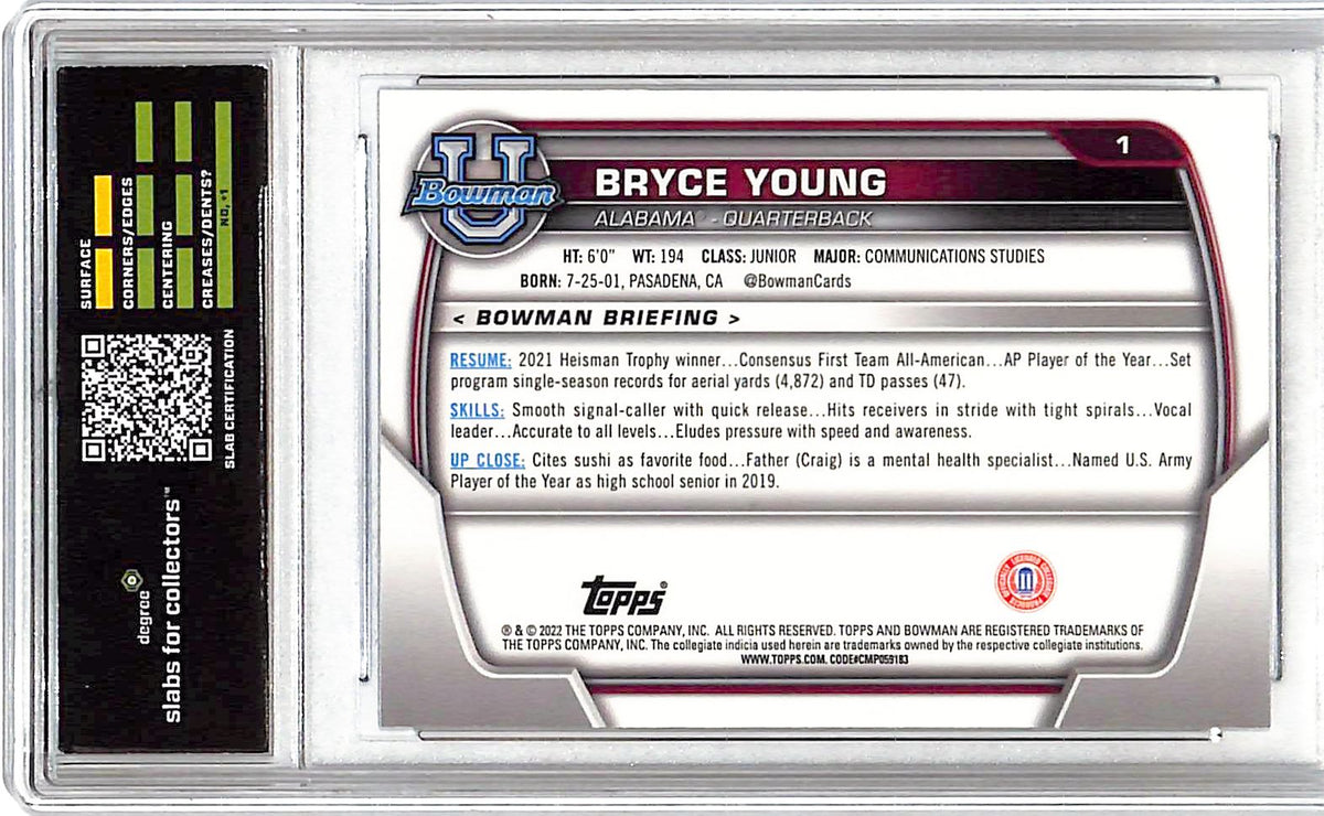 2023 Bowman Chrome University Bryce Young Rookie #1 Degree 9 Alabama