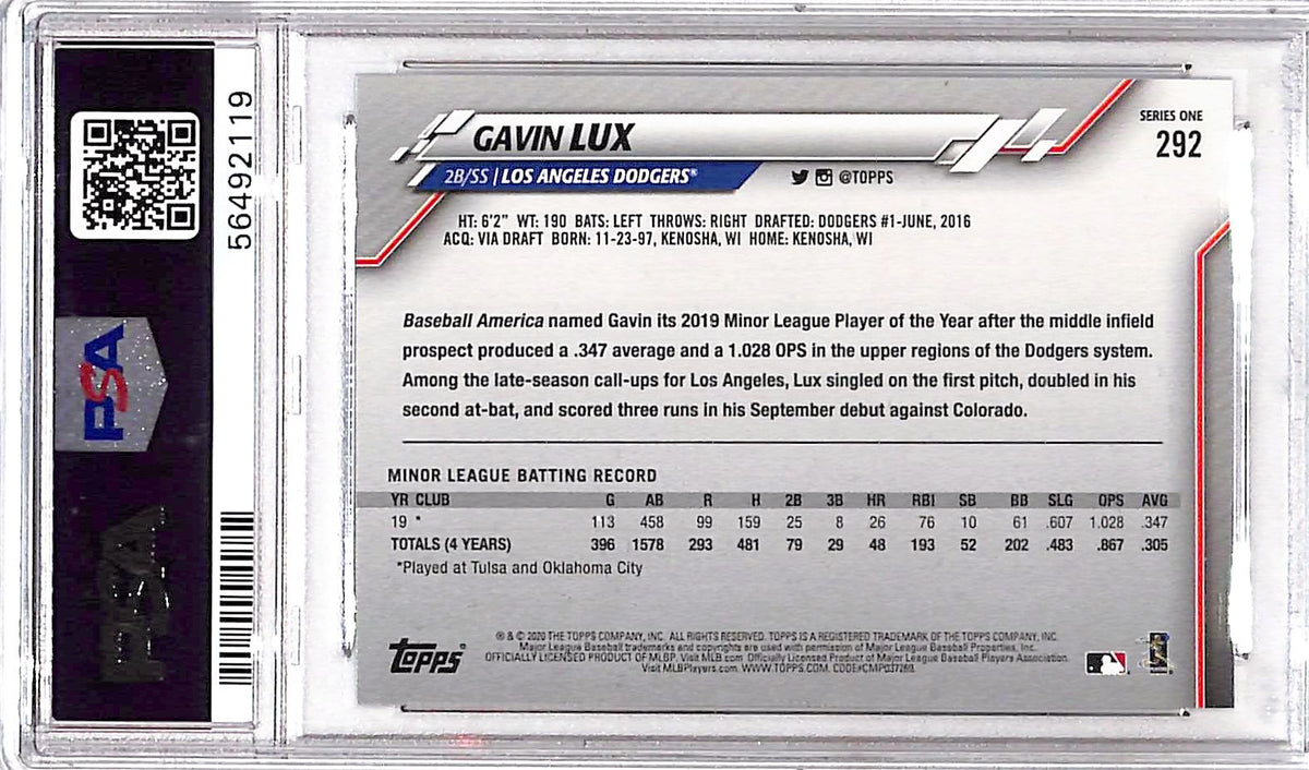 2020 Topps Gavin Lux #292 PSA 10
