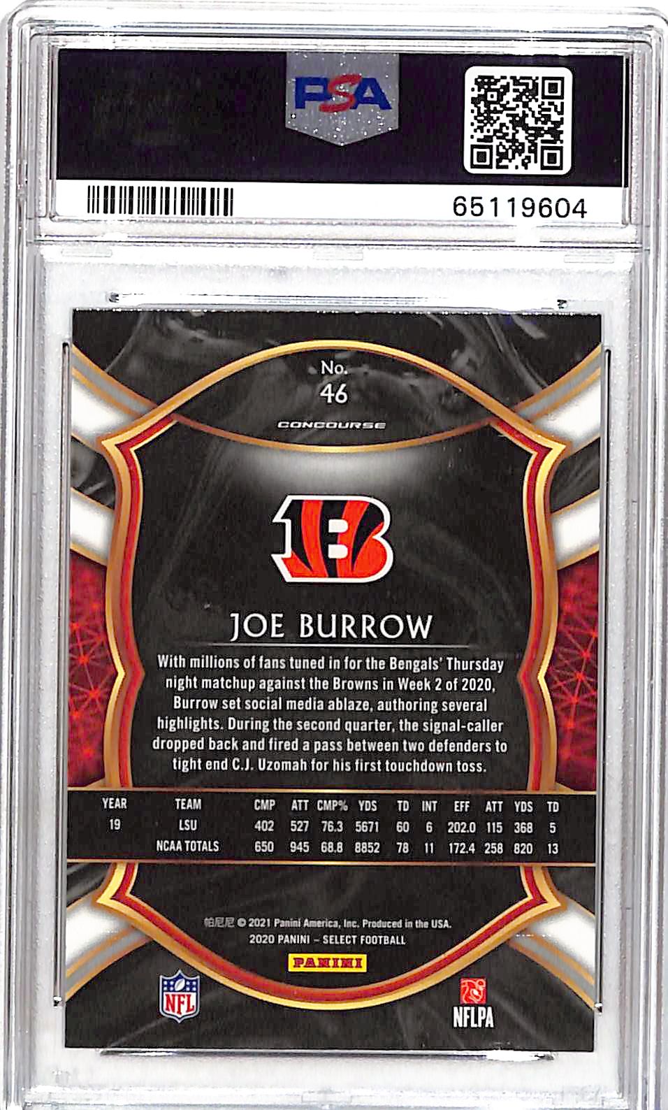 2020 Panini Select Joe Burrow Rookie #46 PSA 10 Cincinnati Bengals