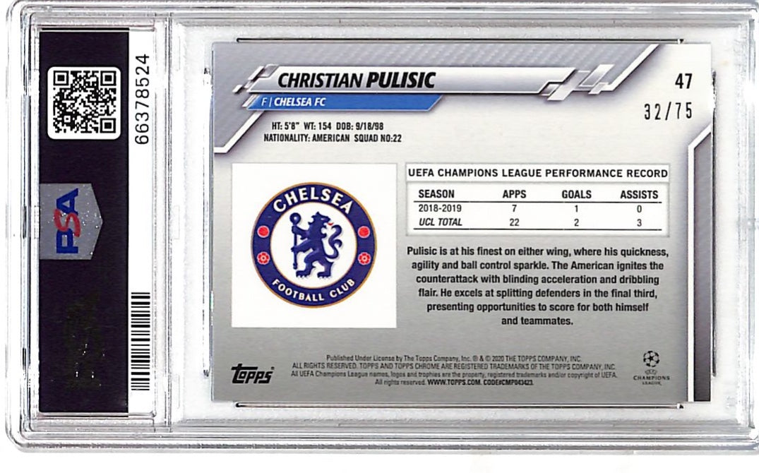 2019 Topps Chrome UEFA Sapphire Christian Pulisic SP Green /75 #47 PSA 9 Chelsea
